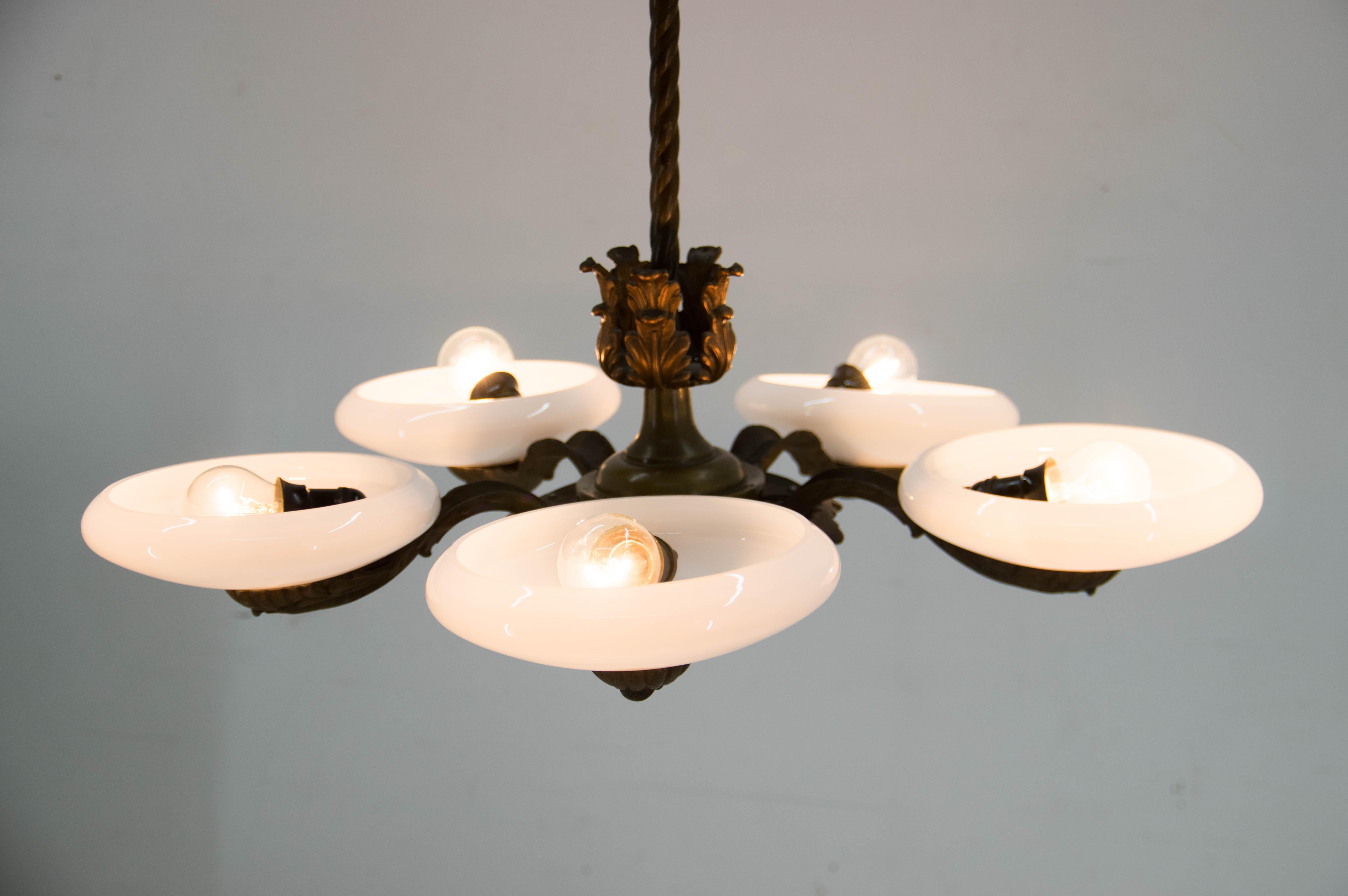 Art Nouveau Metal and Glass Chandelier, 1940s For Sale 3