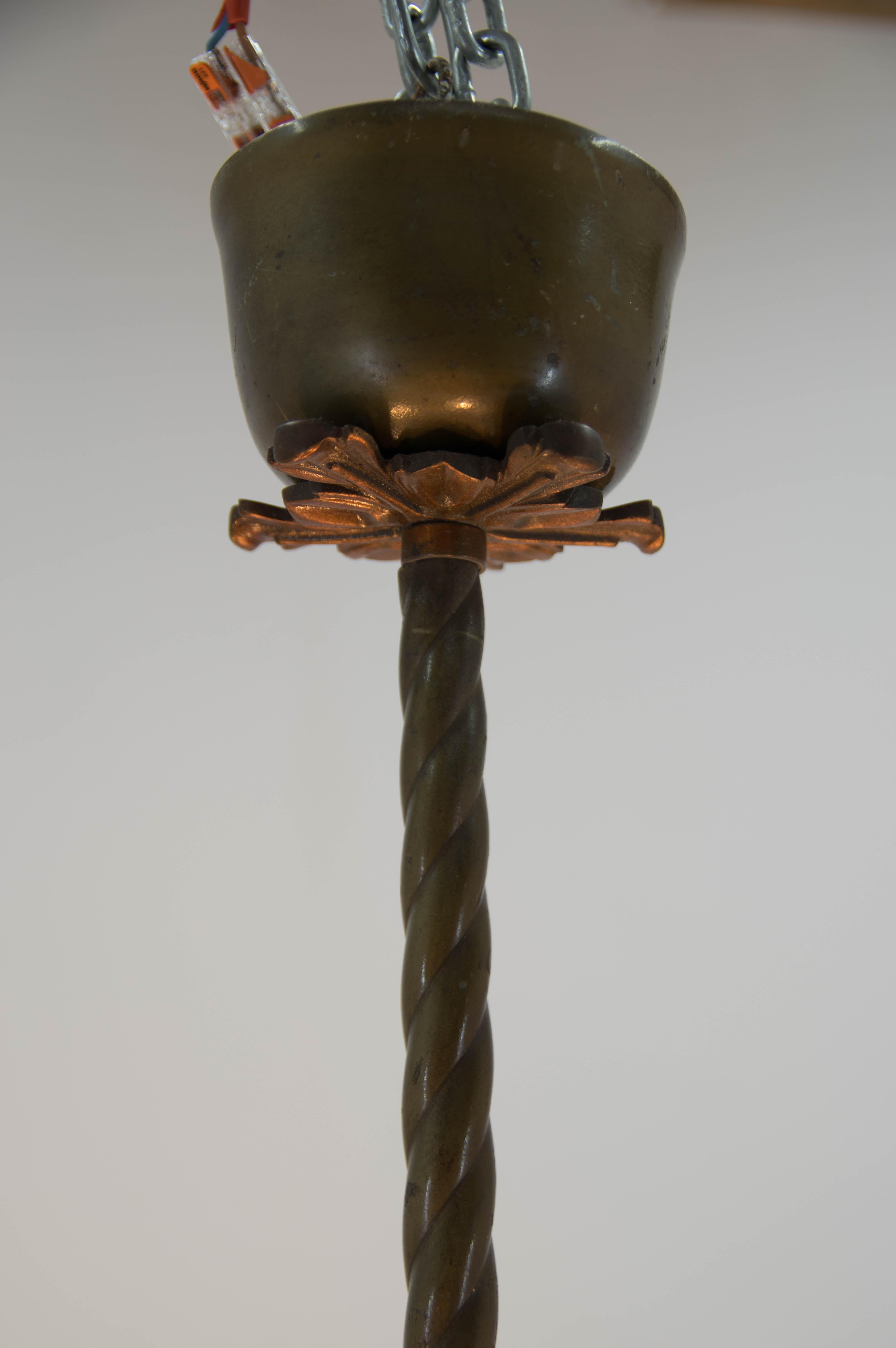 Art Nouveau Metal and Glass Chandelier, 1940s For Sale 4
