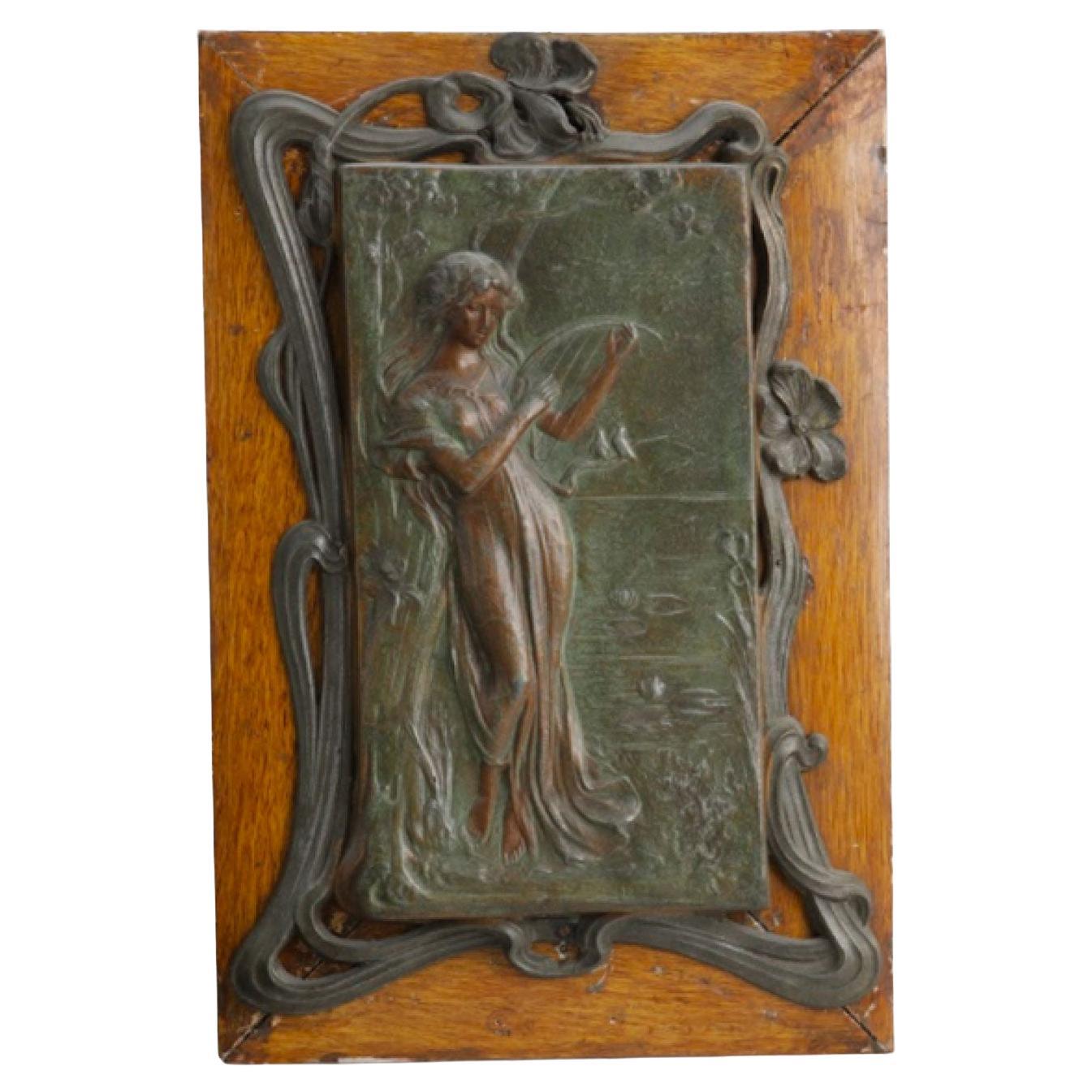 Art Nouveau Metal and Oak Figural Wall Plaque For Sale