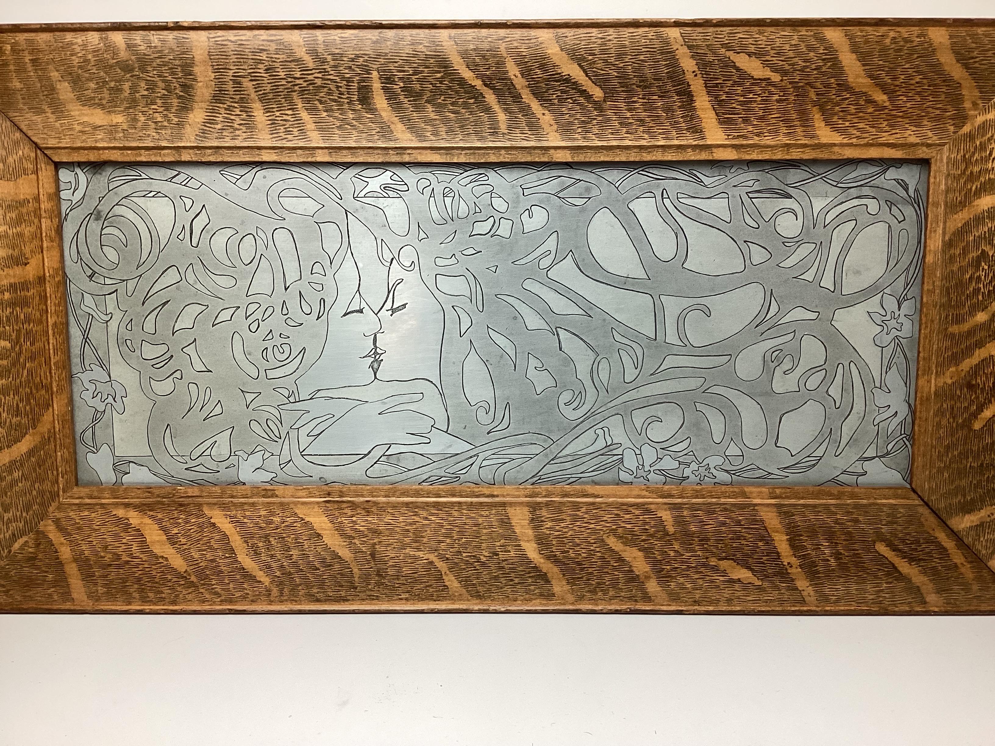 Art Nouveau Metal Etched printer plate in oak frame. This plate was used to print on paper. Oak frame re-set in frame. Wonderful piece.