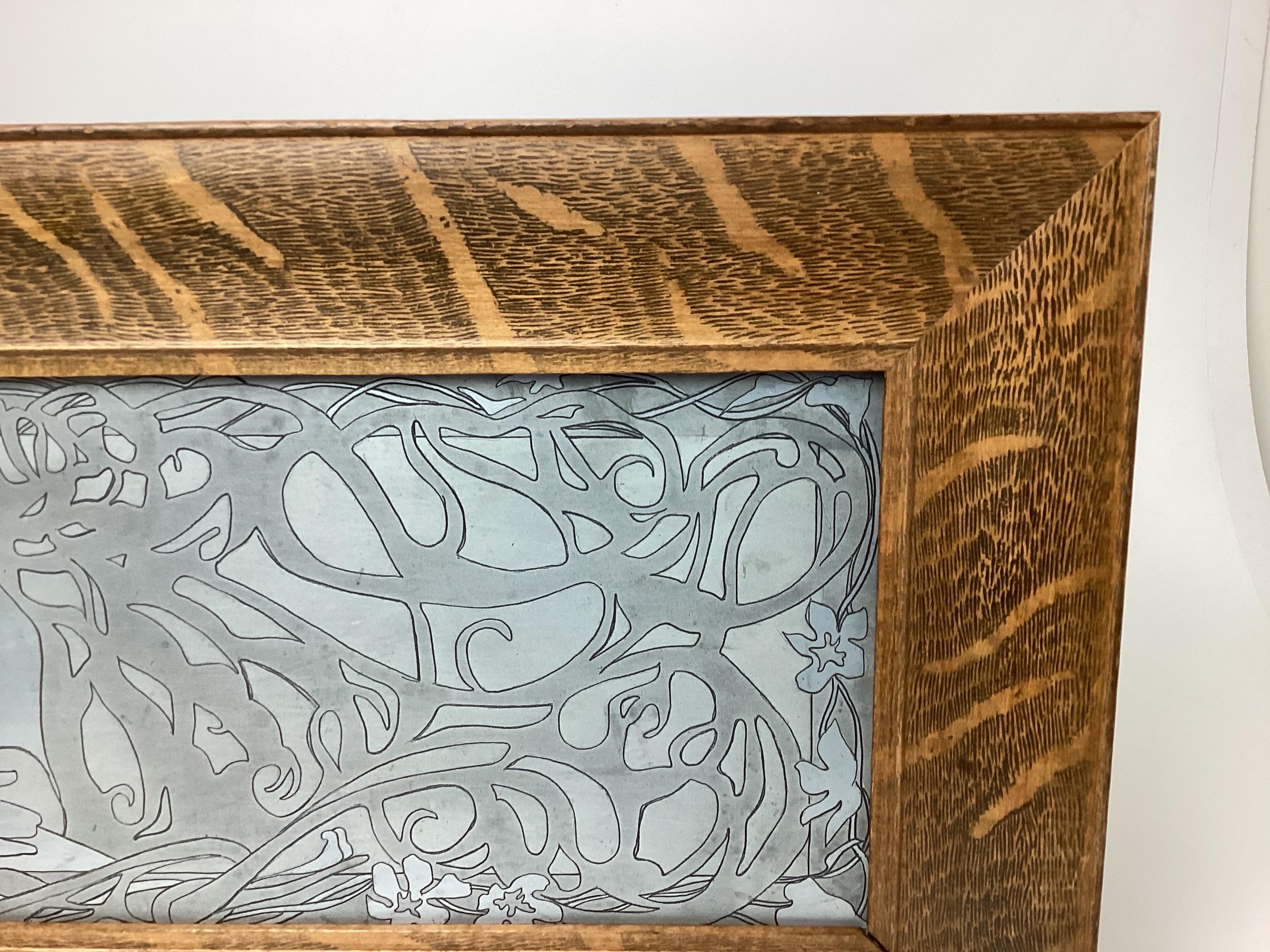 American Art Nouveau Metal Etched Printer Plate in Oak Frame For Sale