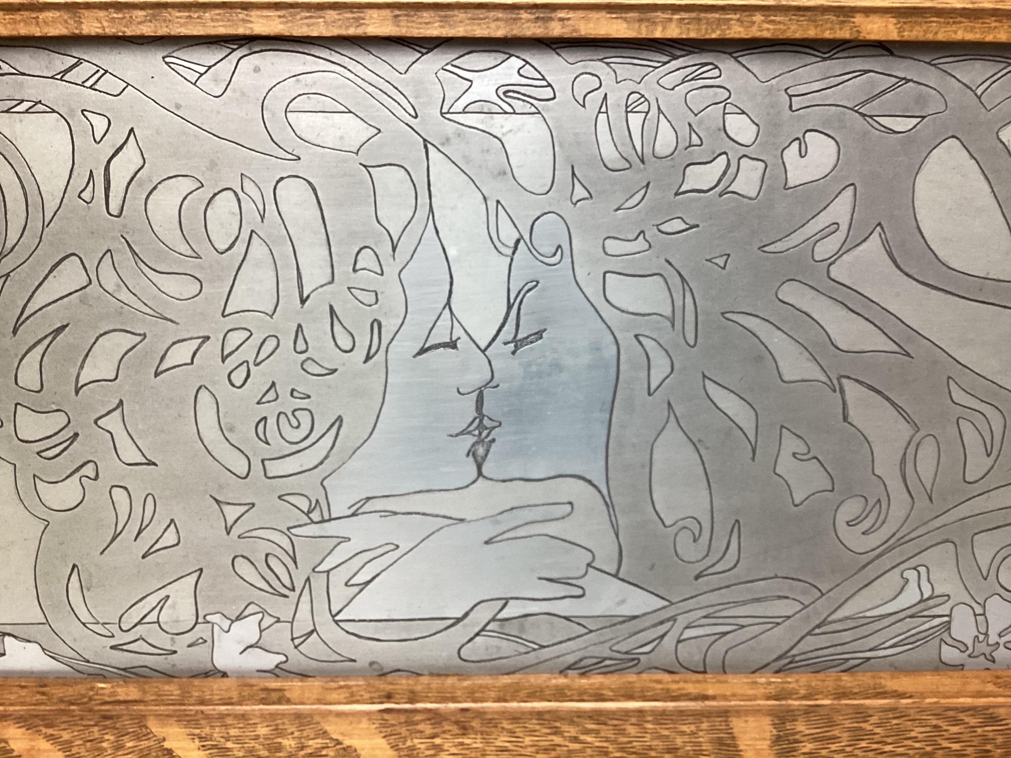 20th Century Art Nouveau Metal Etched Printer Plate in Oak Frame For Sale