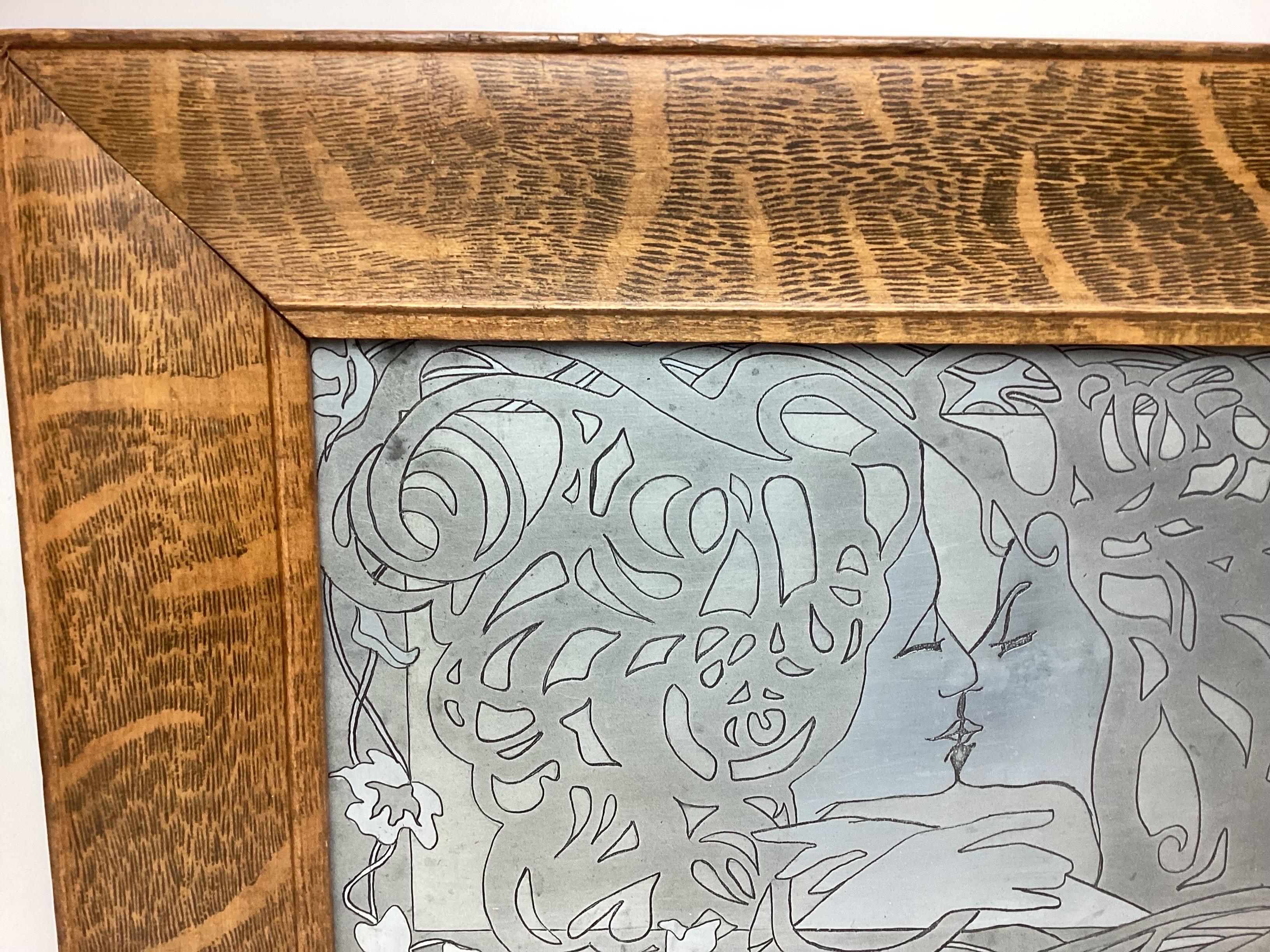 Art Nouveau Metal Etched Printer Plate in Oak Frame For Sale 1