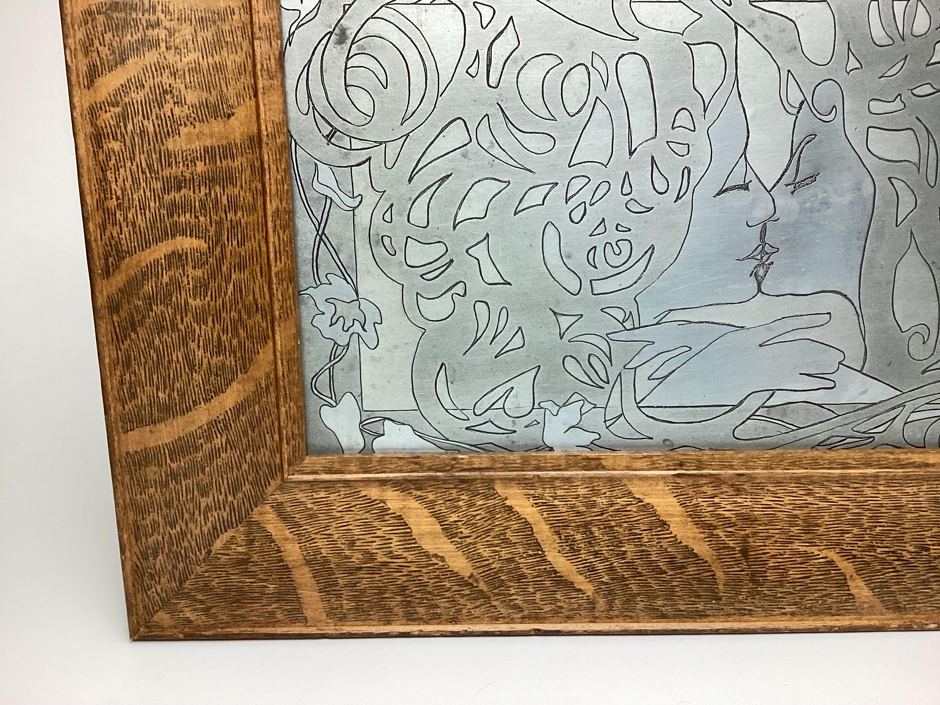 Art Nouveau Metal Etched Printer Plate in Oak Frame For Sale 2