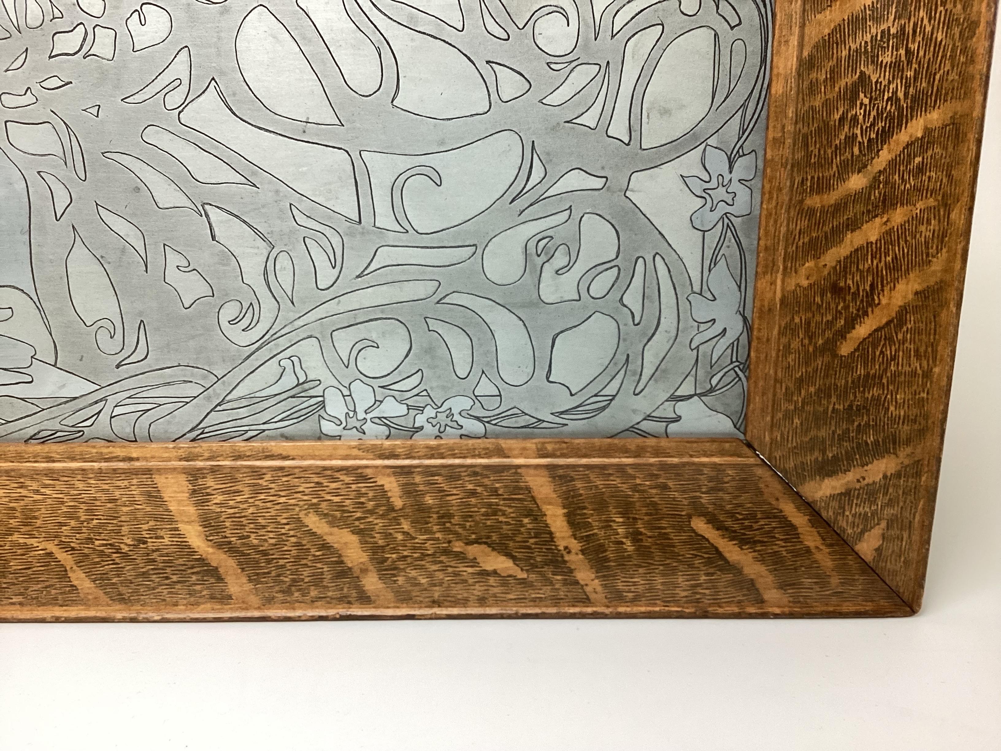 Art Nouveau Metal Etched Printer Plate in Oak Frame For Sale 3