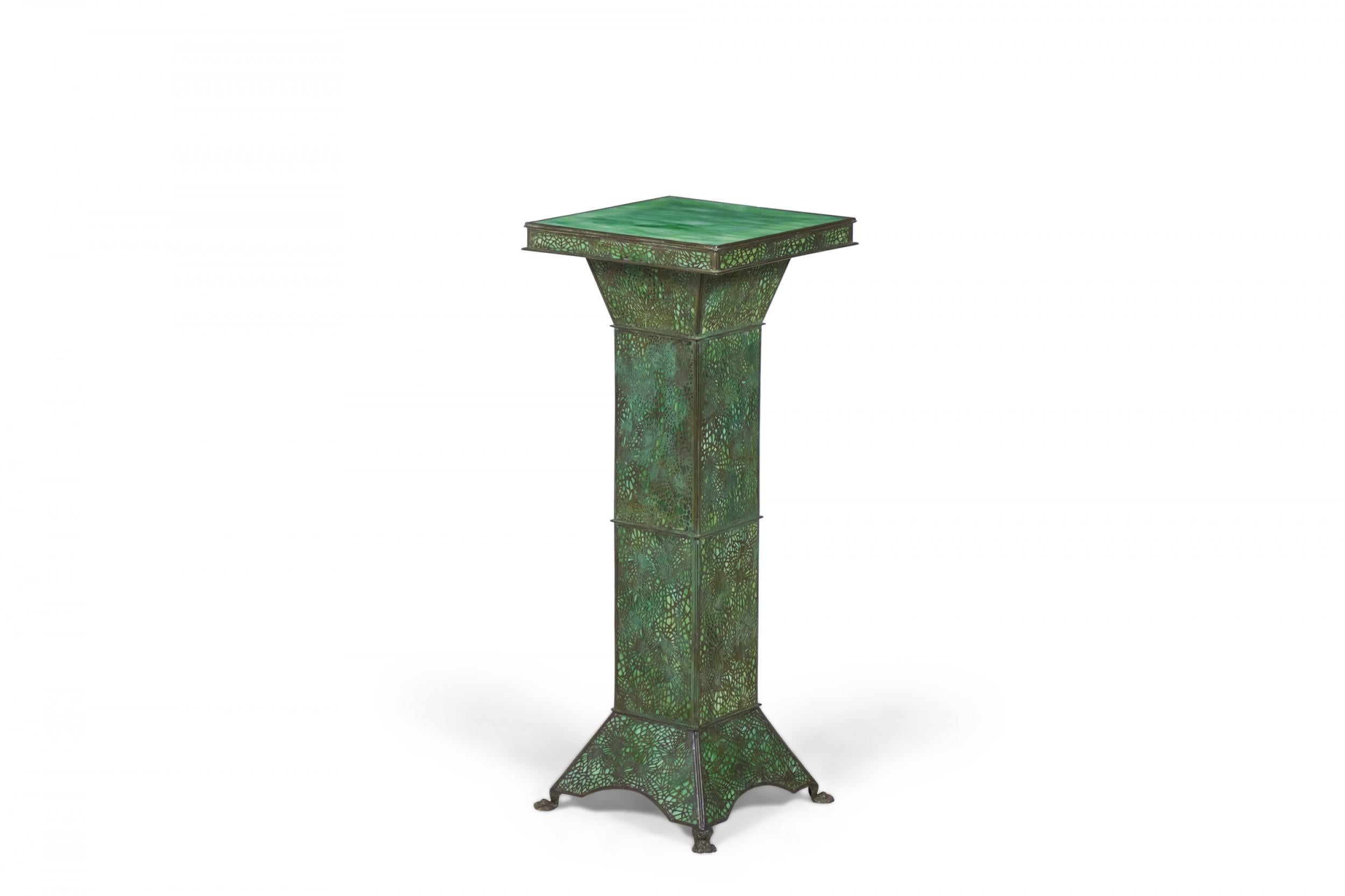 American Art Nouveau patinated metal & filigree overlaid green slag glass illuminated pedestal. (probably Riviere Studios (Early 20th Century).
 