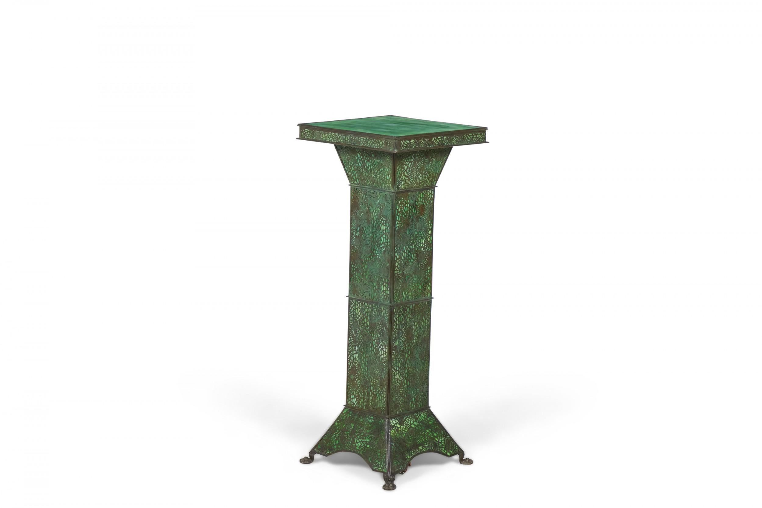 American Art Nouveau Green Slag Glass and Metal Filigree Illuminated Pedestal For Sale