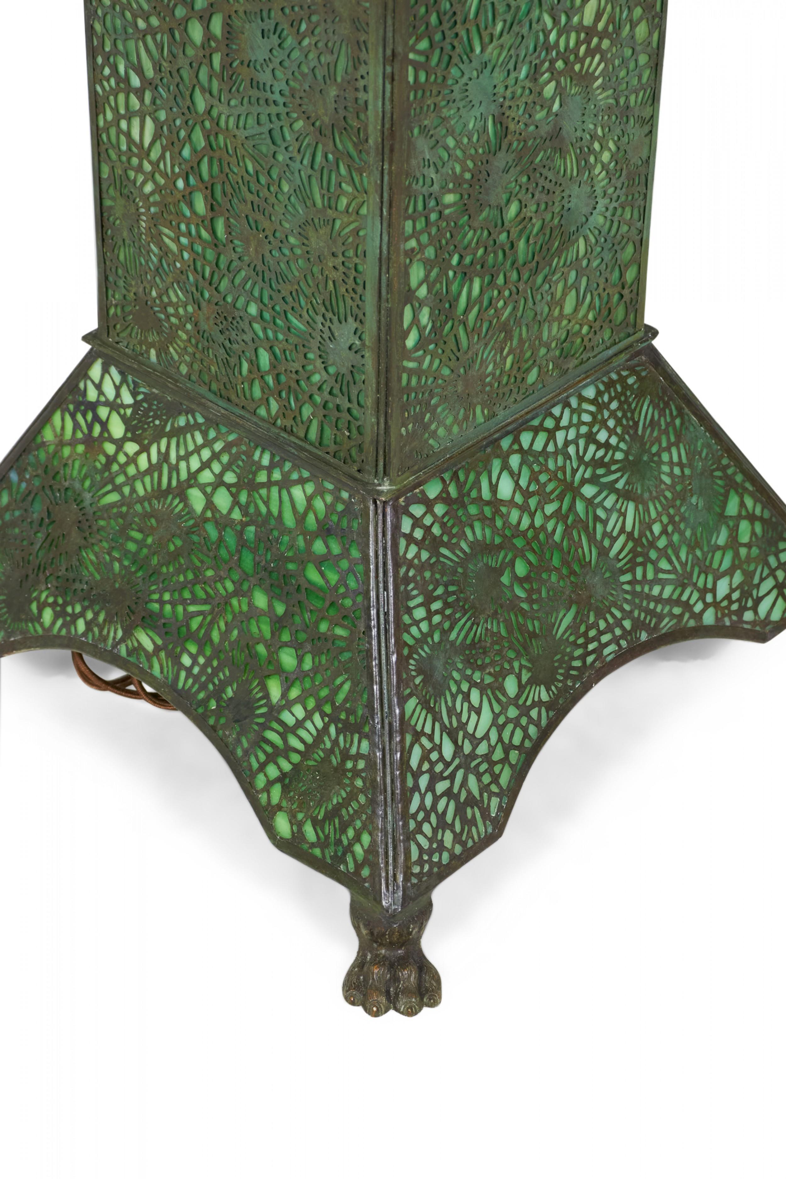 20th Century Art Nouveau Green Slag Glass and Metal Filigree Illuminated Pedestal For Sale