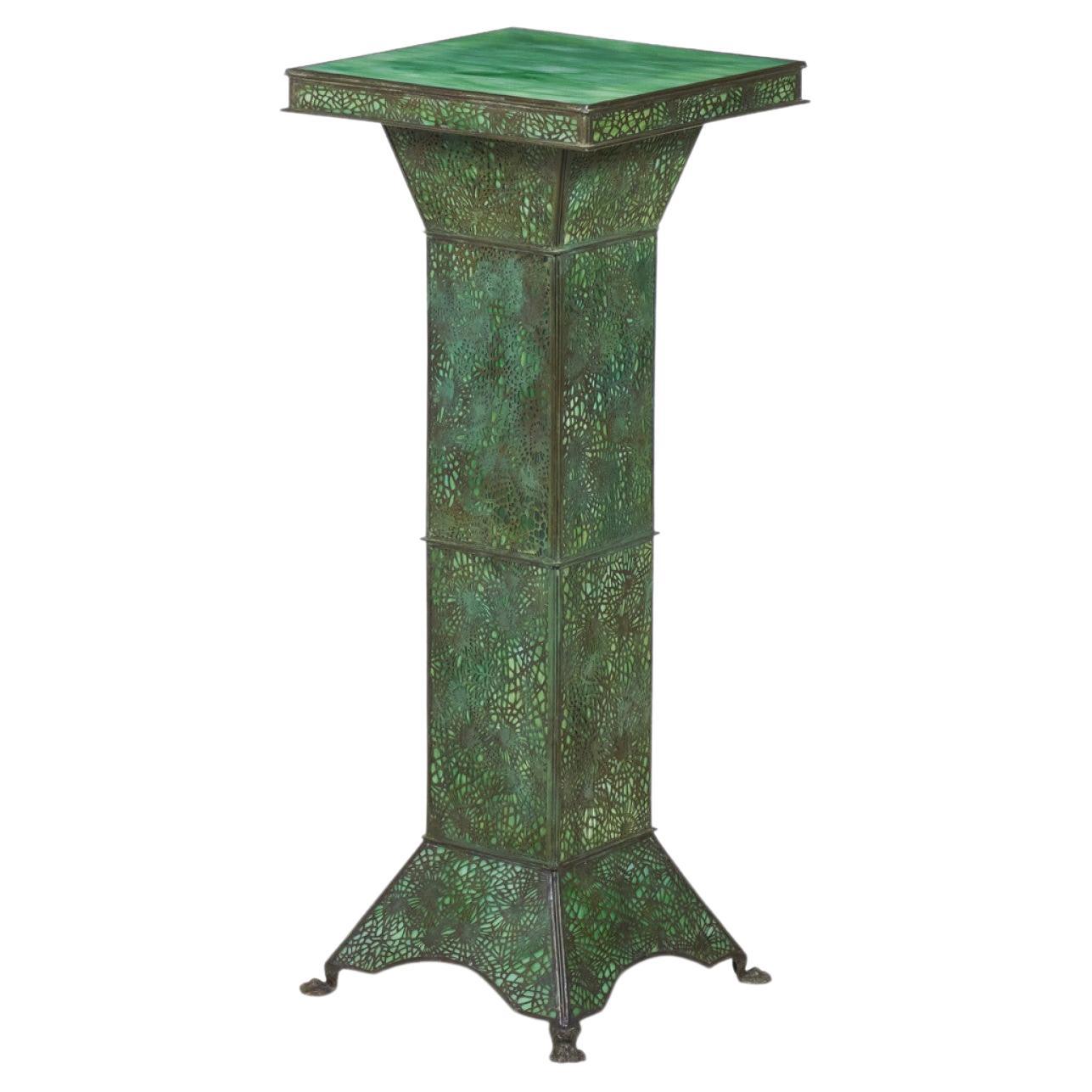 Art Nouveau Green Slag Glass and Metal Filigree Illuminated Pedestal For Sale