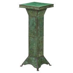 Art Nouveau Green Slag Glass and Metal Filigree Illuminated Pedestal