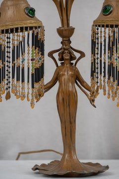 Art Nouveau Metal Table Lamp w/ Maiden, 2 Shades w/ Jewels, & Hanging Beads