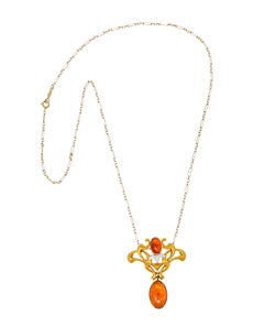 Art Nouveau Mexican Fire Opal Diamond 14 Karat Gold Whiplash Pendant Necklace
