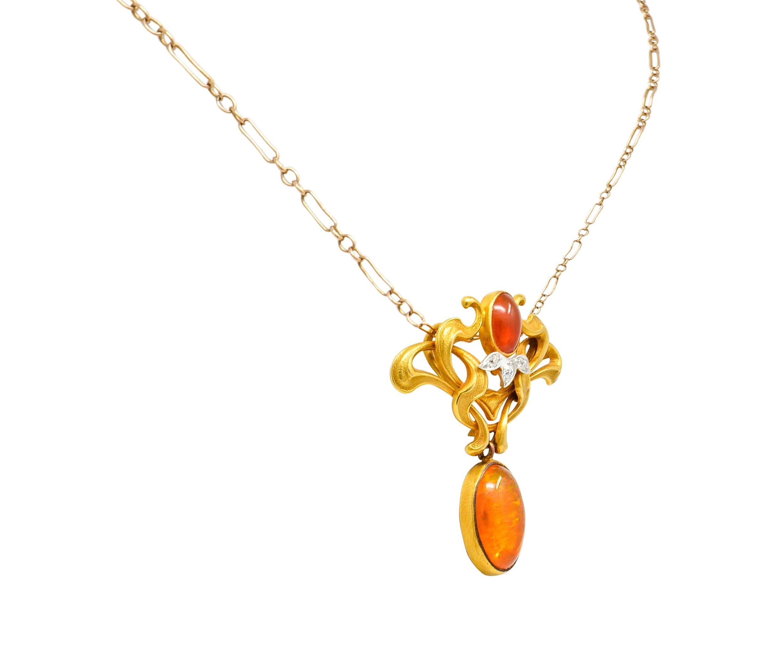 Cabochon Art Nouveau Mexican Fire Opal Diamond 14 Karat Gold Whiplash Pendant Necklace