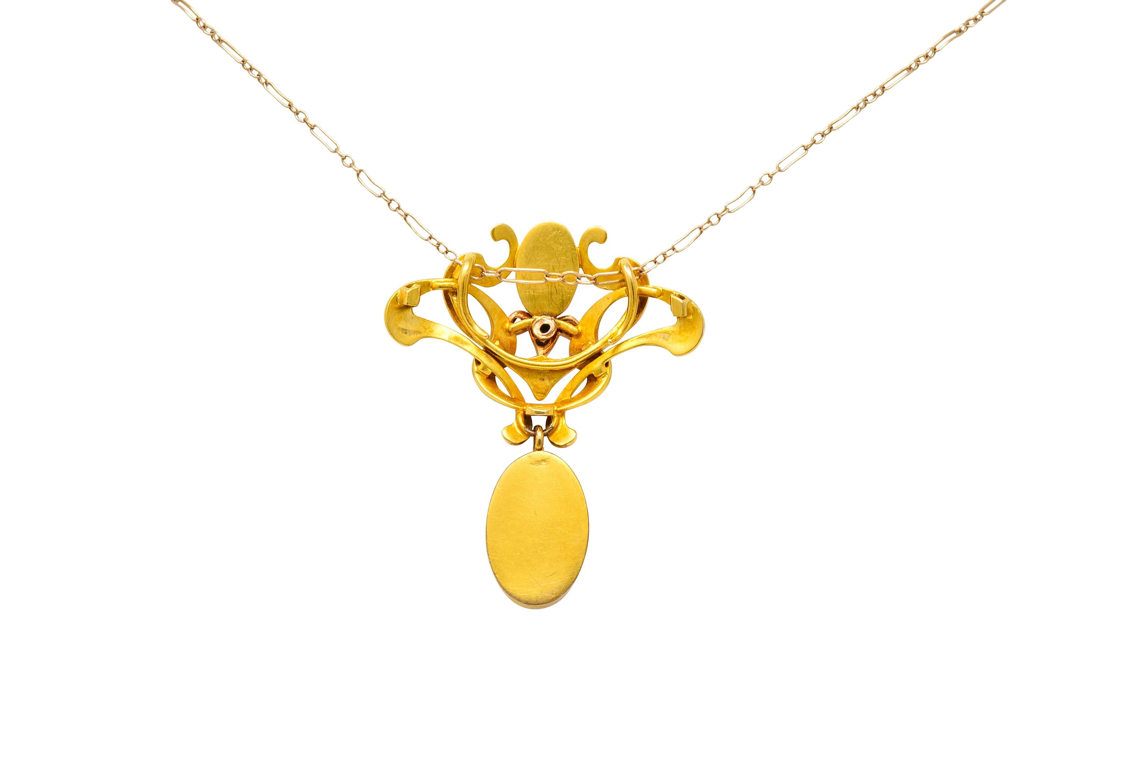 Art Nouveau Mexican Fire Opal Diamond 14 Karat Gold Whiplash Pendant Necklace In Excellent Condition In Philadelphia, PA
