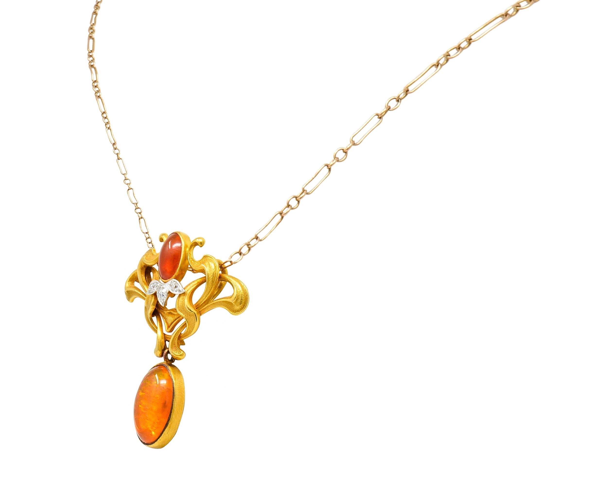 Women's or Men's Art Nouveau Mexican Fire Opal Diamond 14 Karat Gold Whiplash Pendant Necklace