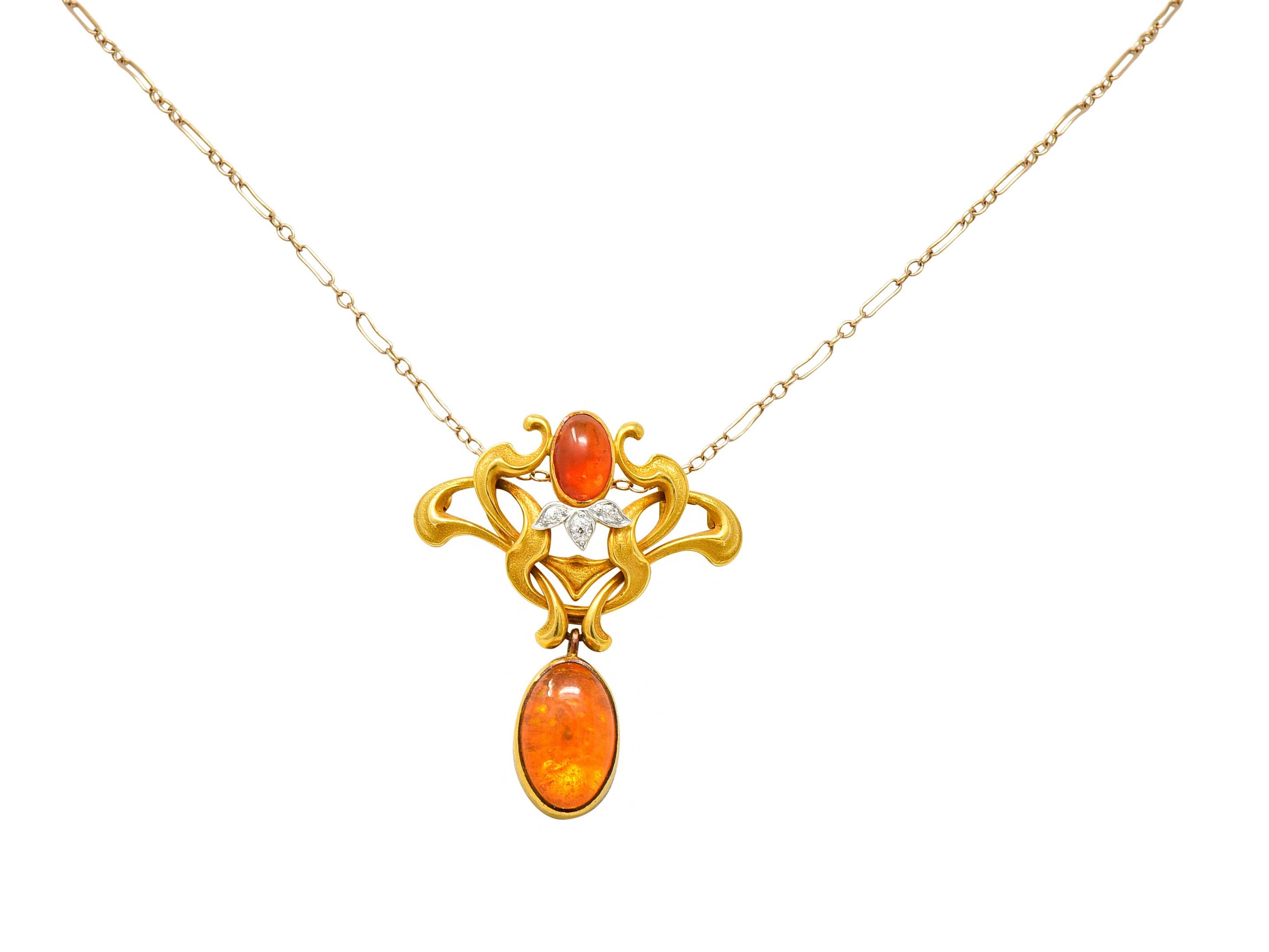 Art Nouveau Mexican Fire Opal Diamond 14 Karat Gold Whiplash Pendant Necklace 4