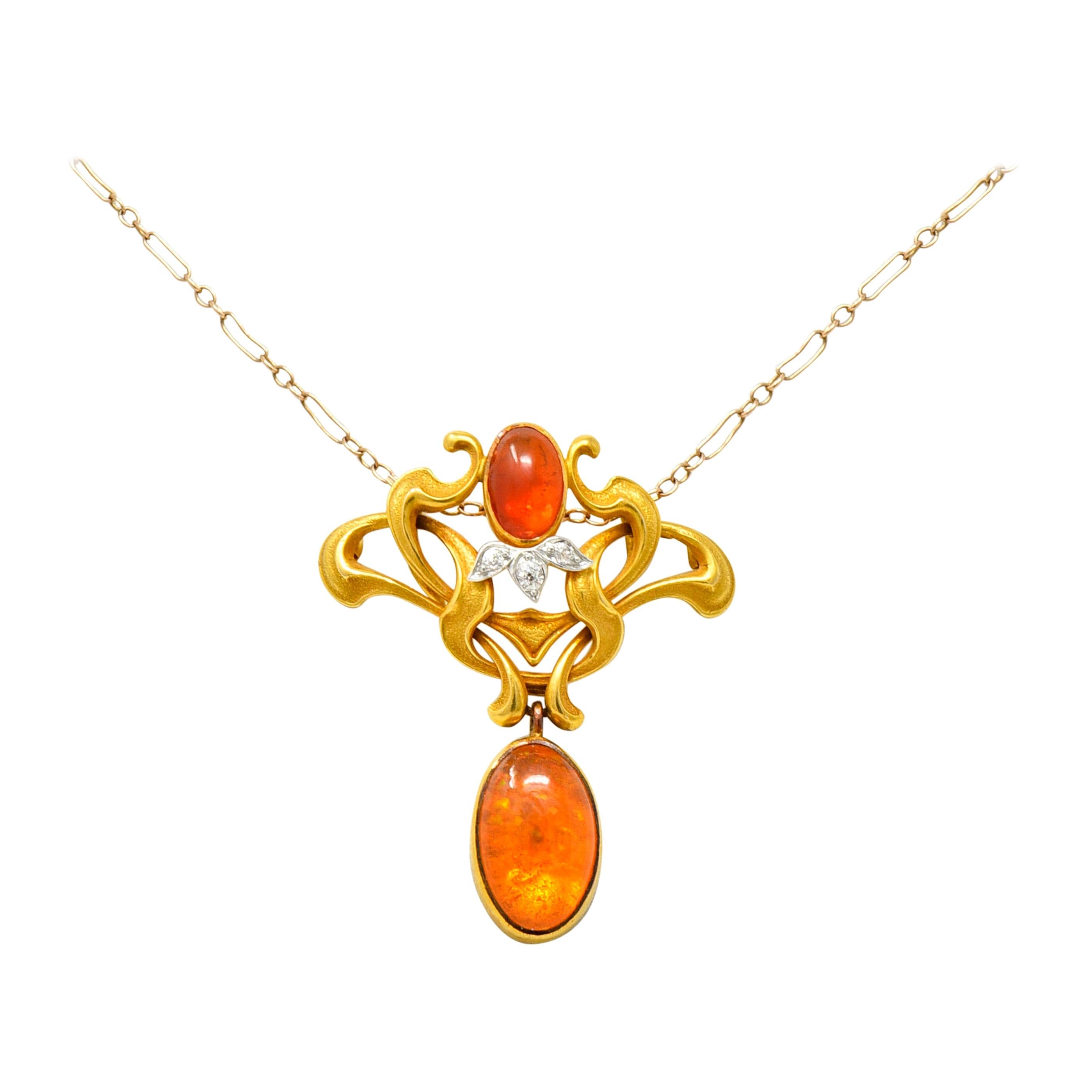 Art Nouveau Mexican Fire Opal Diamond 14 Karat Gold Whiplash Pendant Necklace