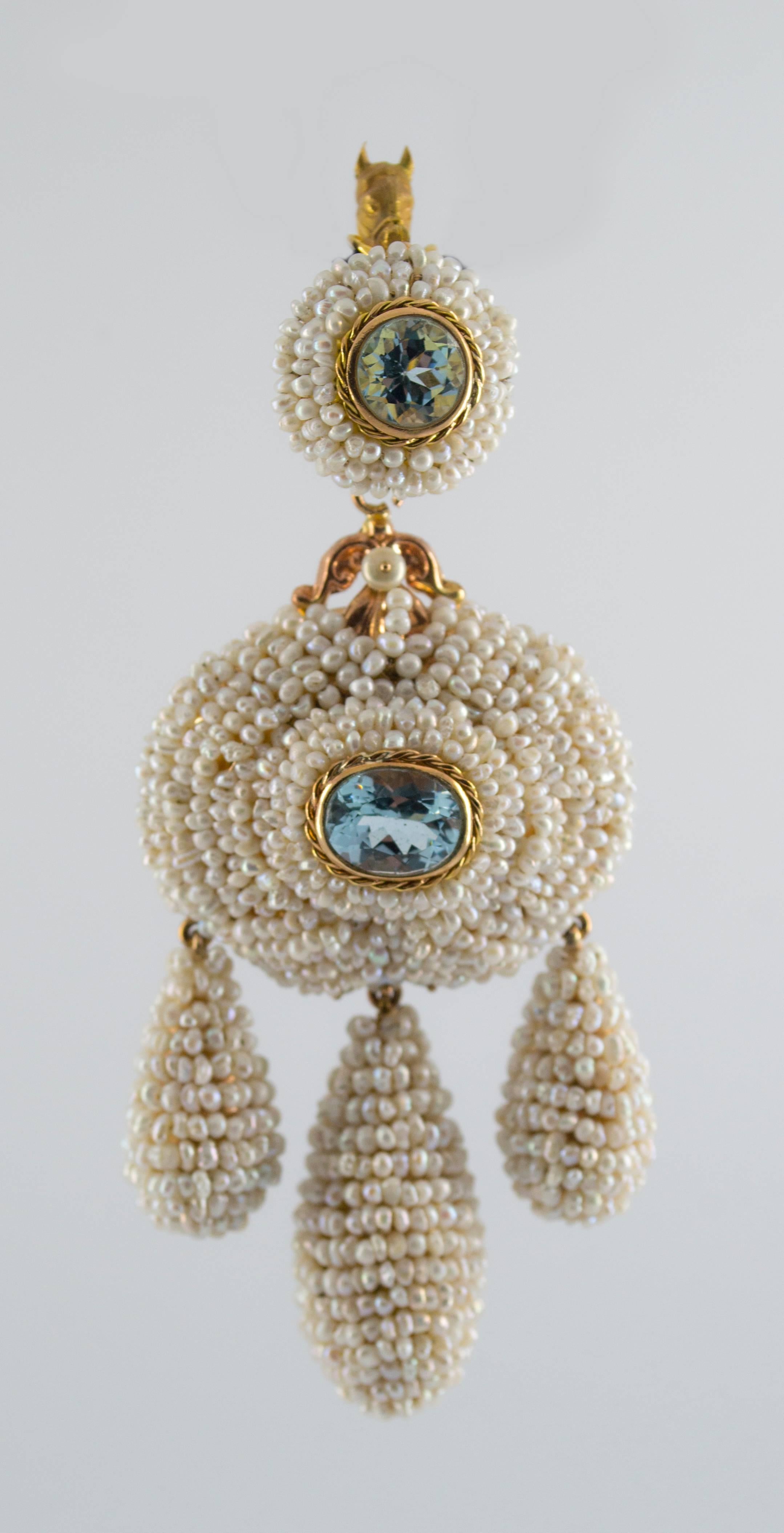 Art Nouveau Micro Pearl Blue Topaz Yellow Gold Pendant In New Condition For Sale In Naples, IT
