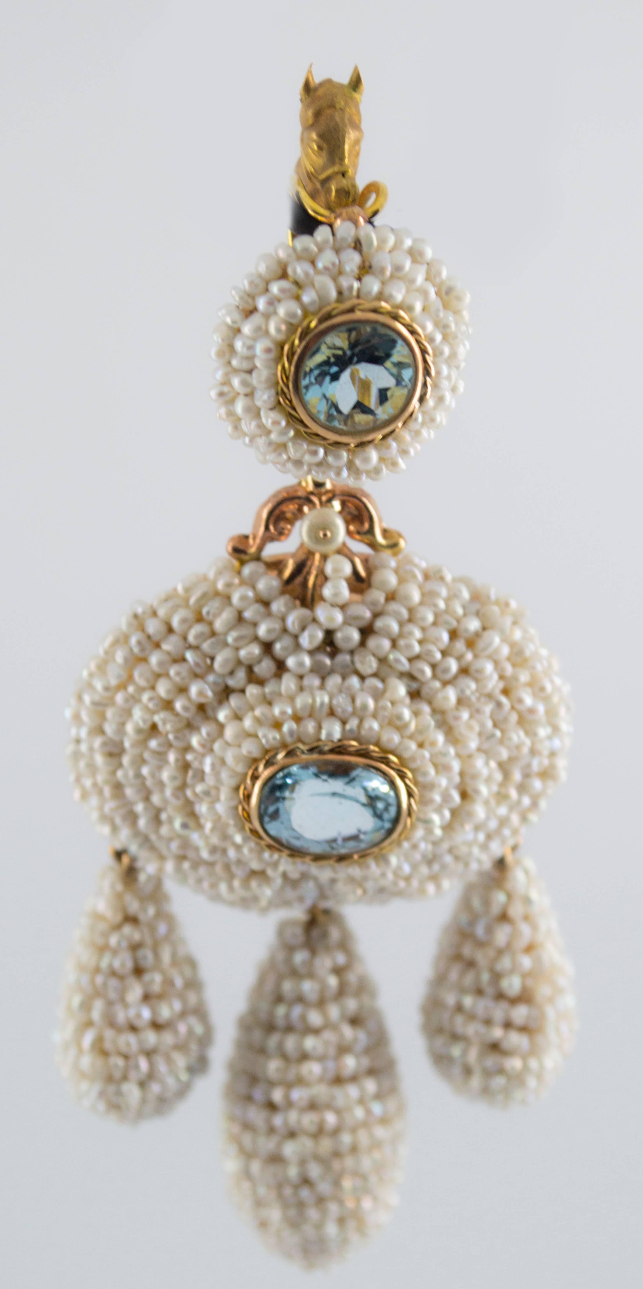 Women's or Men's Art Nouveau Micro Pearl Blue Topaz Yellow Gold Pendant For Sale