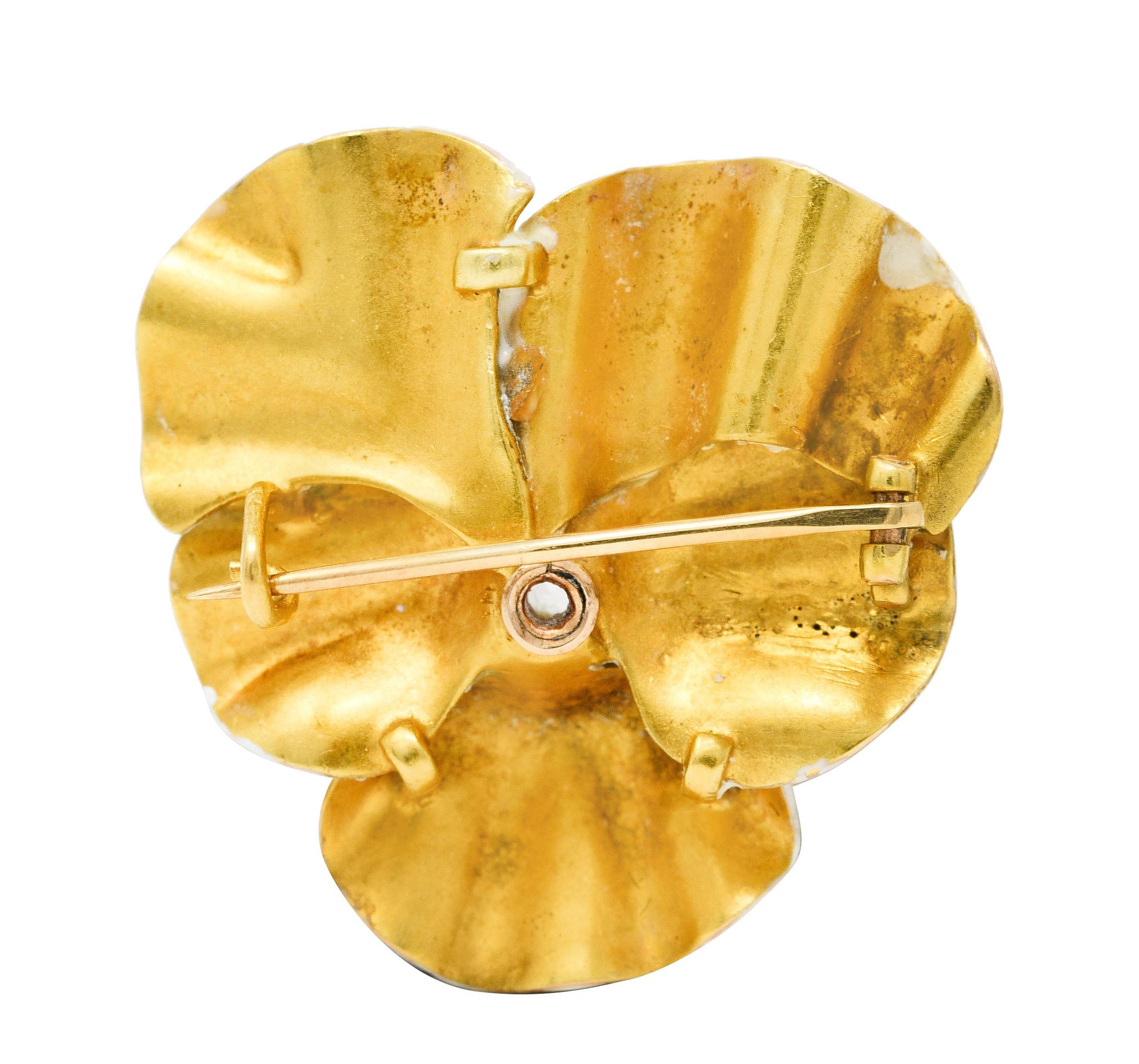 Old Mine Cut Art Nouveau Mine Cut Diamond Enamel 14 Karat Yellow Gold Pansy Antique Brooch For Sale