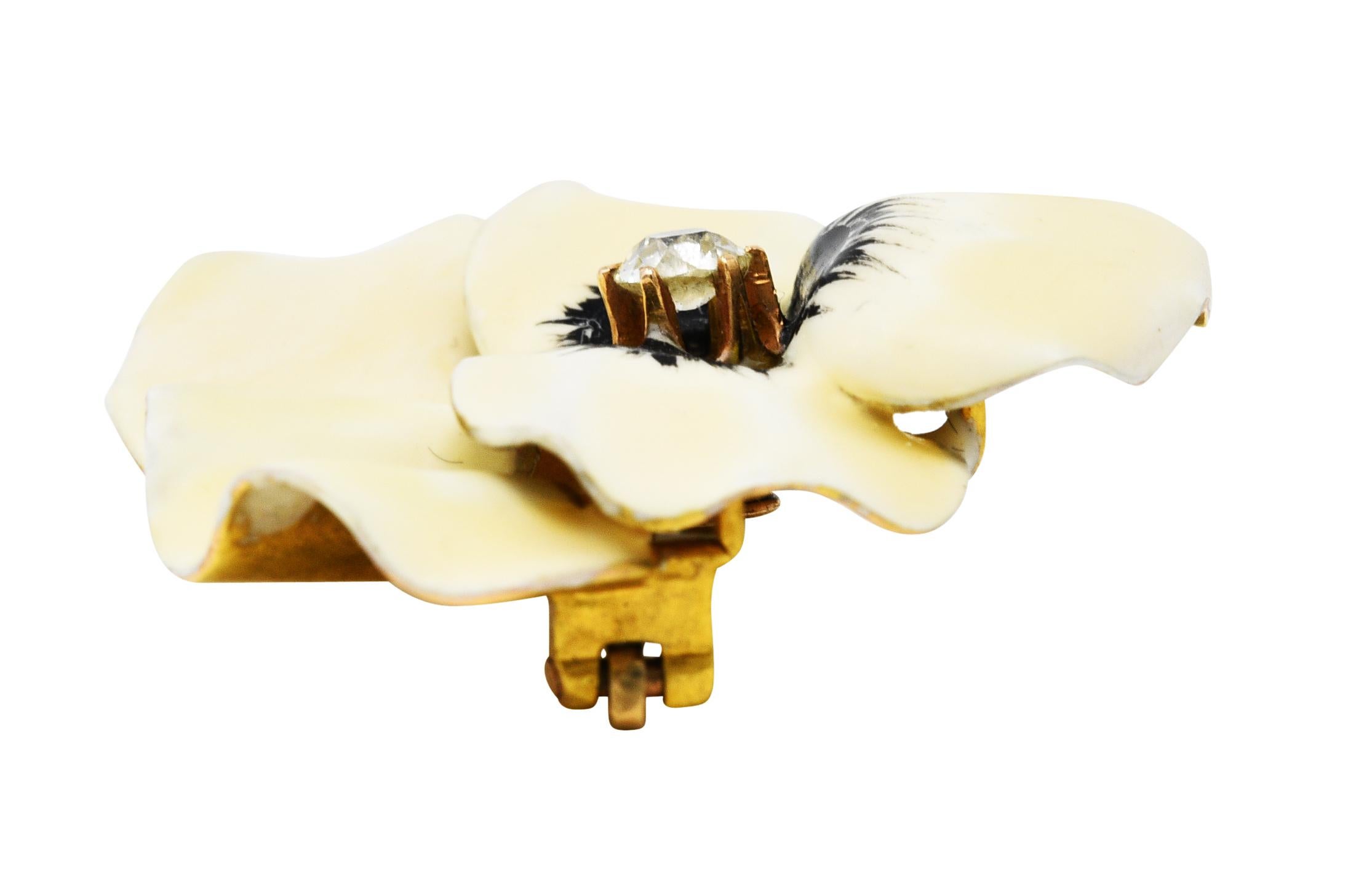 Women's or Men's Art Nouveau Mine Cut Diamond Enamel 14 Karat Yellow Gold Pansy Antique Brooch For Sale