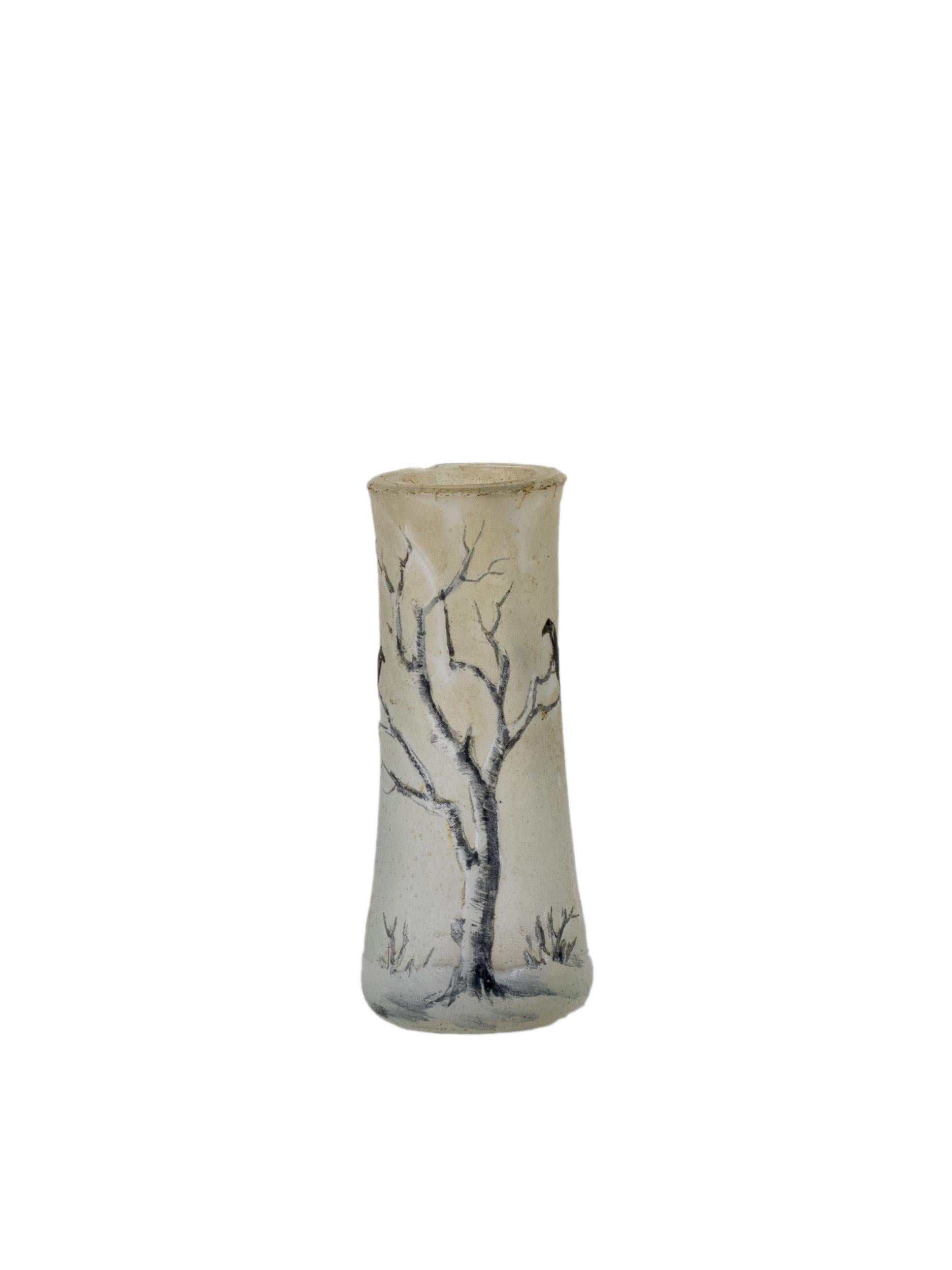 French Art Nouveau Miniature Daum Winter Tree Vase, Signed, France, 1900s For Sale
