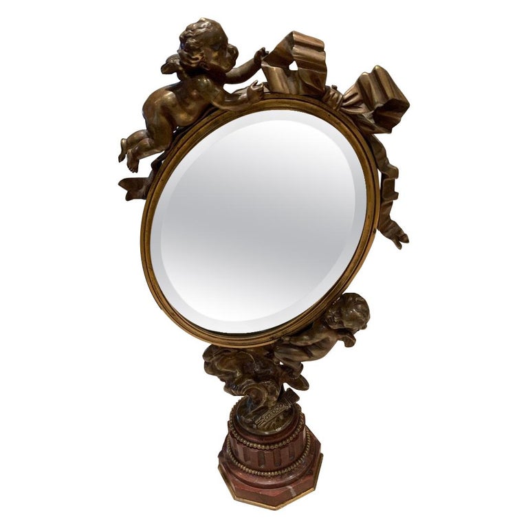 Art Nouveau Mirror with Bronze Putti Cherubs For Sale