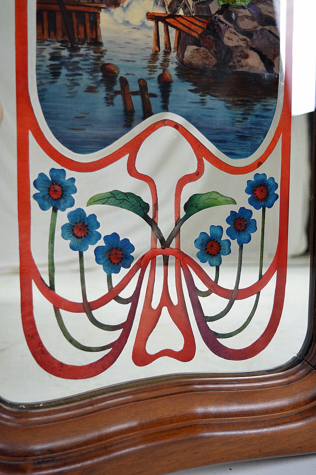 Specchio Art Nouveau con scena bucolica dipinta, Francia, circa 1900 in vendita 4
