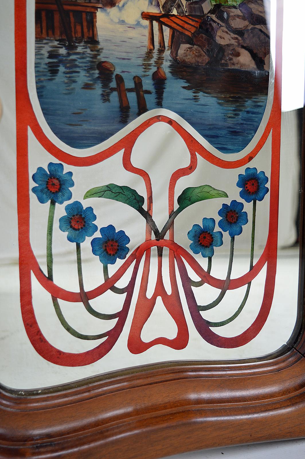 Art Nouveau Mirror with Bucolic Painted Scene, France, circa 1900 For Sale 5