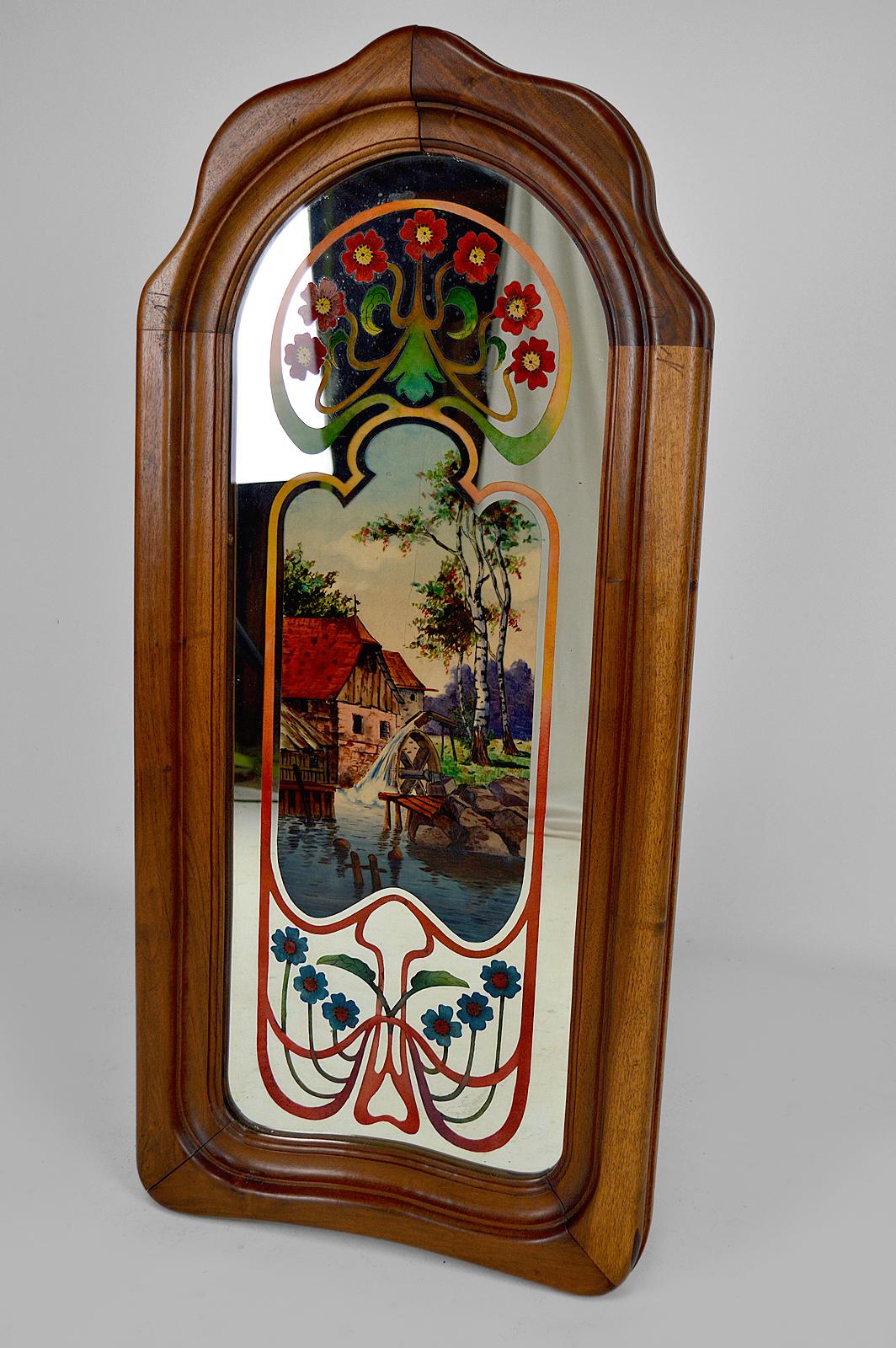 French Art Nouveau Mirror with Bucolic Painted Scene, France, circa 1900 For Sale