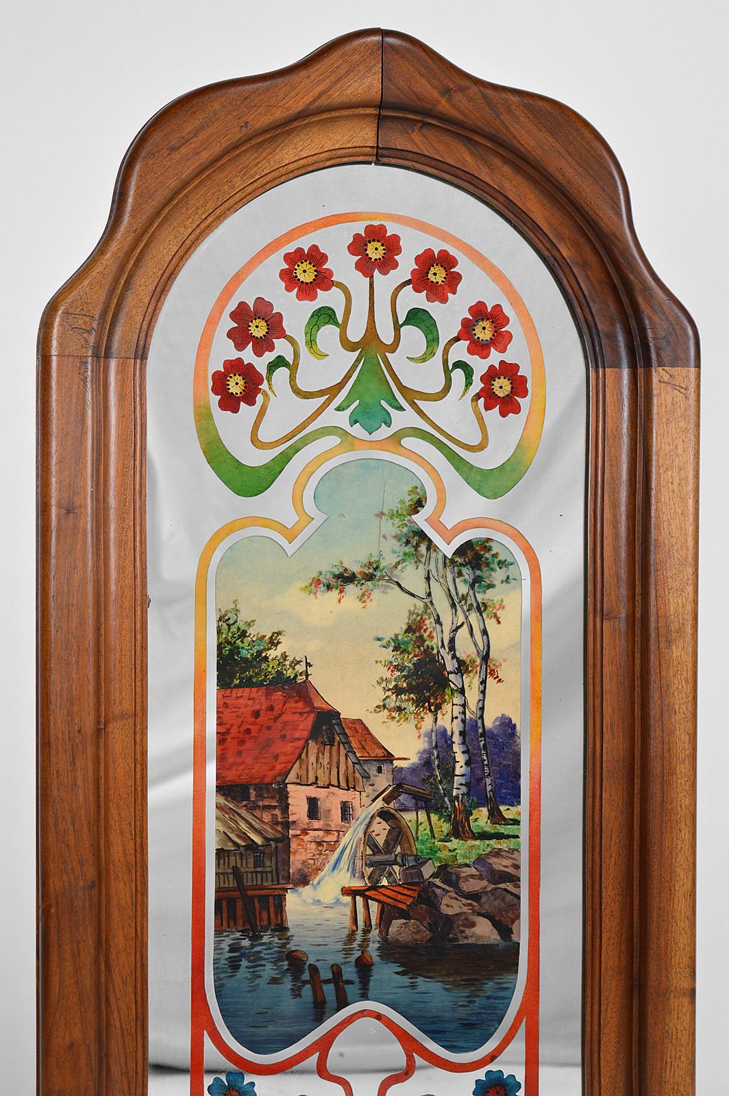 Molded Art Nouveau Mirror with Bucolic Painted Scene, France, circa 1900 For Sale