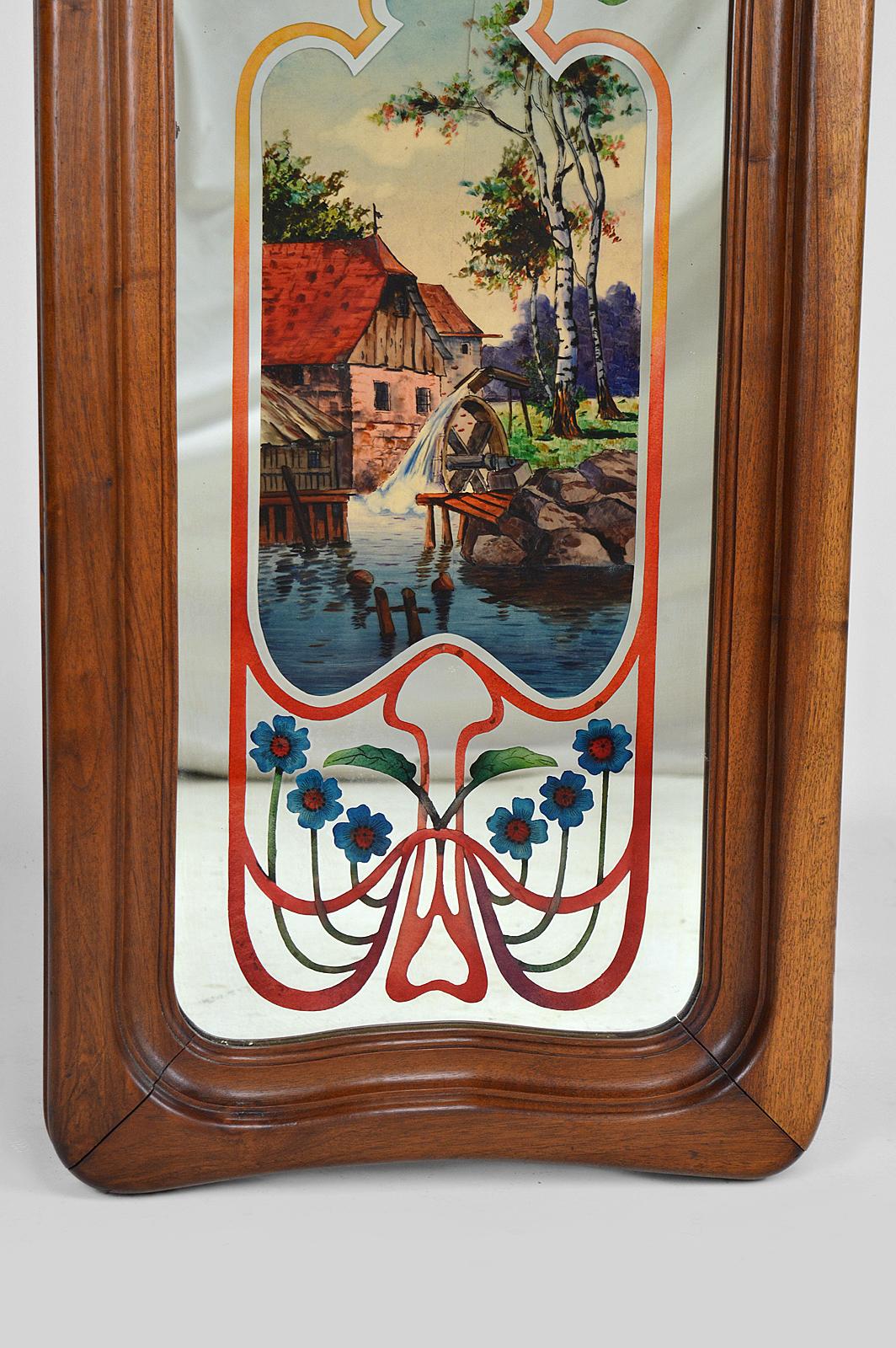 Early 20th Century Art Nouveau Mirror with Bucolic Painted Scene, France, circa 1900 For Sale