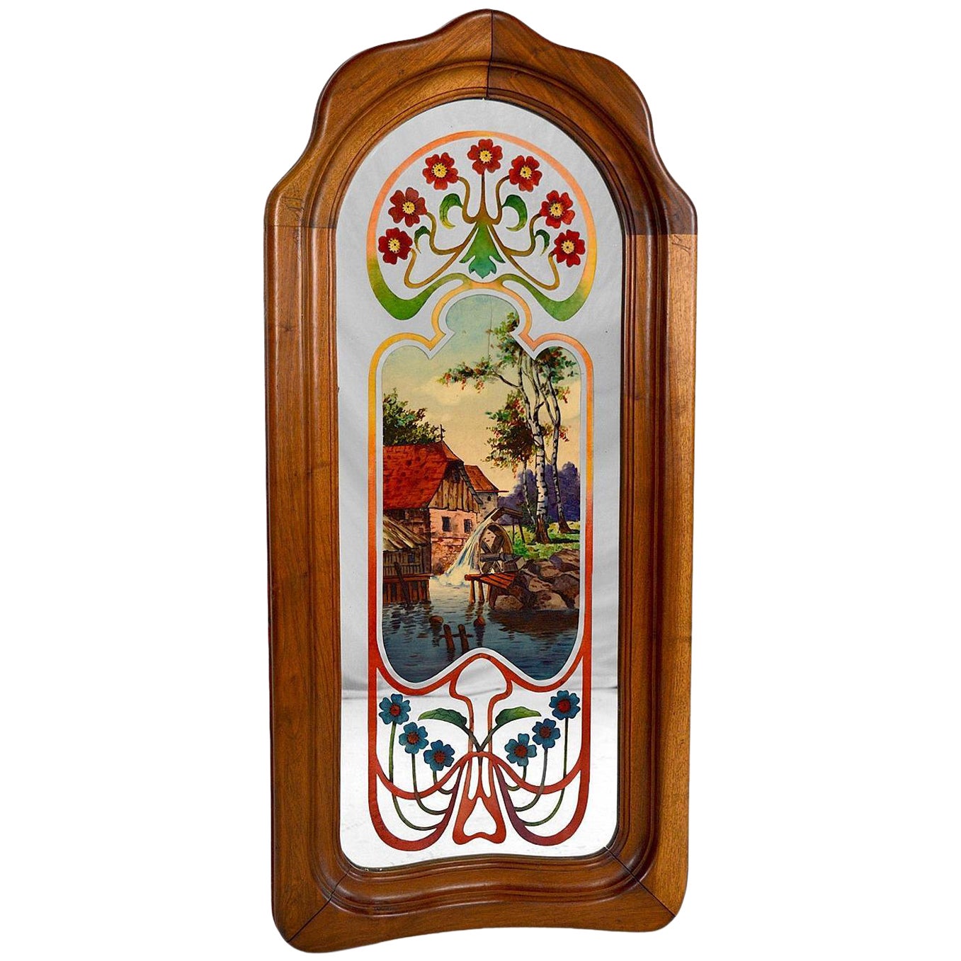 Miroir Art nouveau avec scène peinte en bucolique, France, datant d'environ 1900