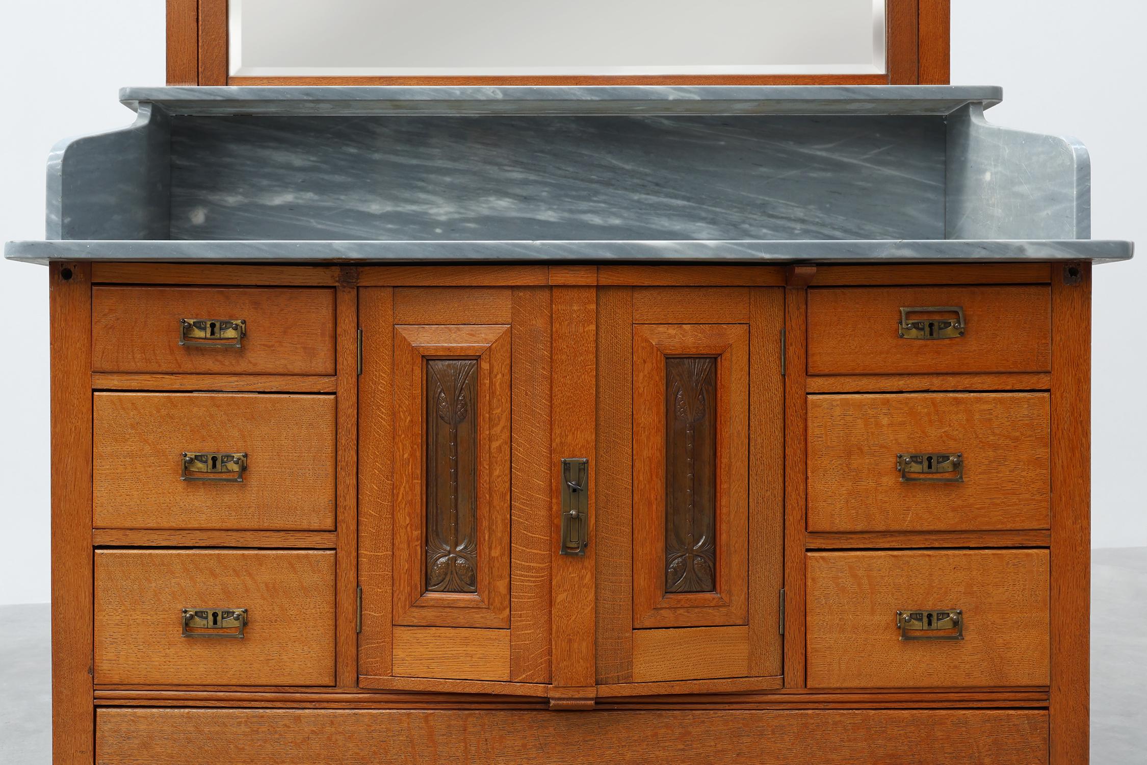 Belgian Art Nouveau mirrored sideboard attr. to De Coene with artwork by Geo Verbanck For Sale