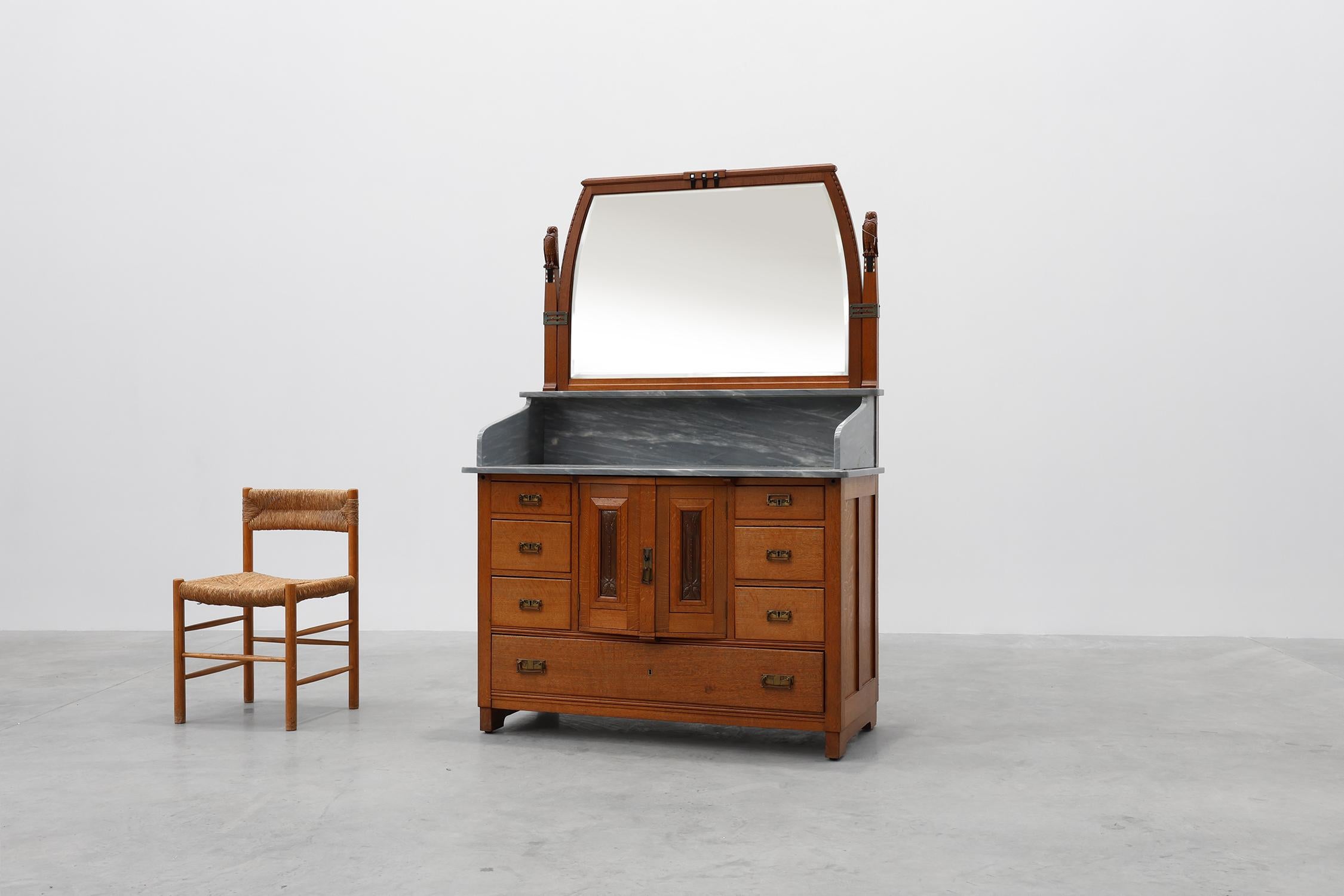 Copper Art Nouveau mirrored sideboard attr. to De Coene with artwork by Geo Verbanck For Sale