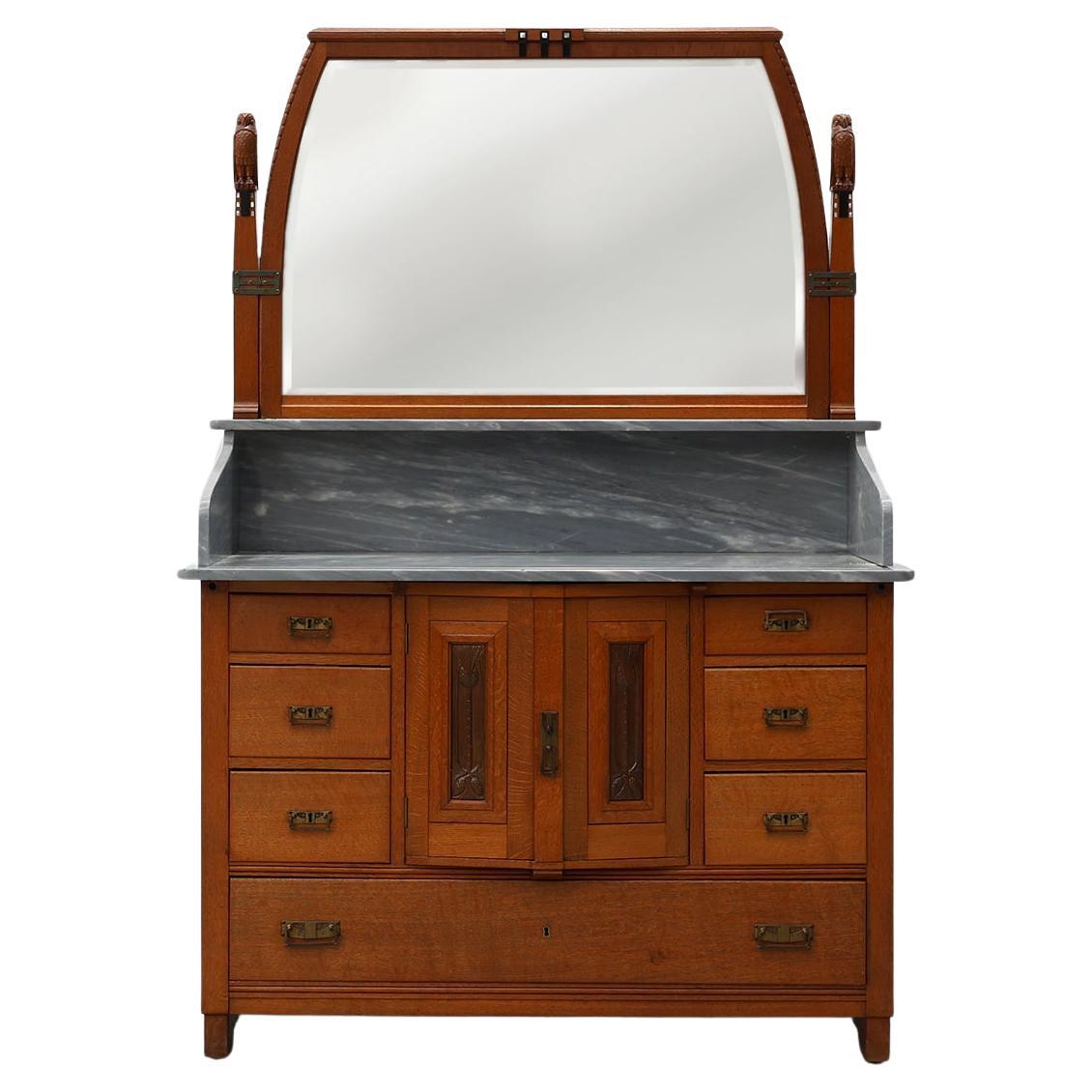 Art Nouveau mirrored sideboard attr. to De Coene with artwork by Geo Verbanck For Sale
