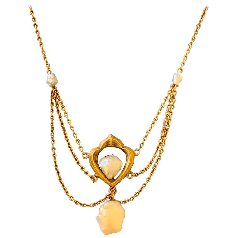Art Nouveau Mississippi River Pearl 14 Karat Yellow Gold Necklace at 1stDibs