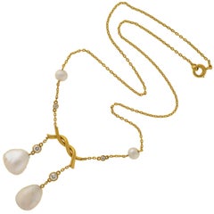 Art Nouveau Mississippi River Pearl and Diamond Lavalier Necklace