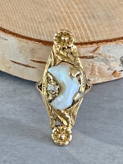 Art Nouveau Mississippi River Pearl & Euro Cut Diamond 10 Karat Yellow Gold Ring