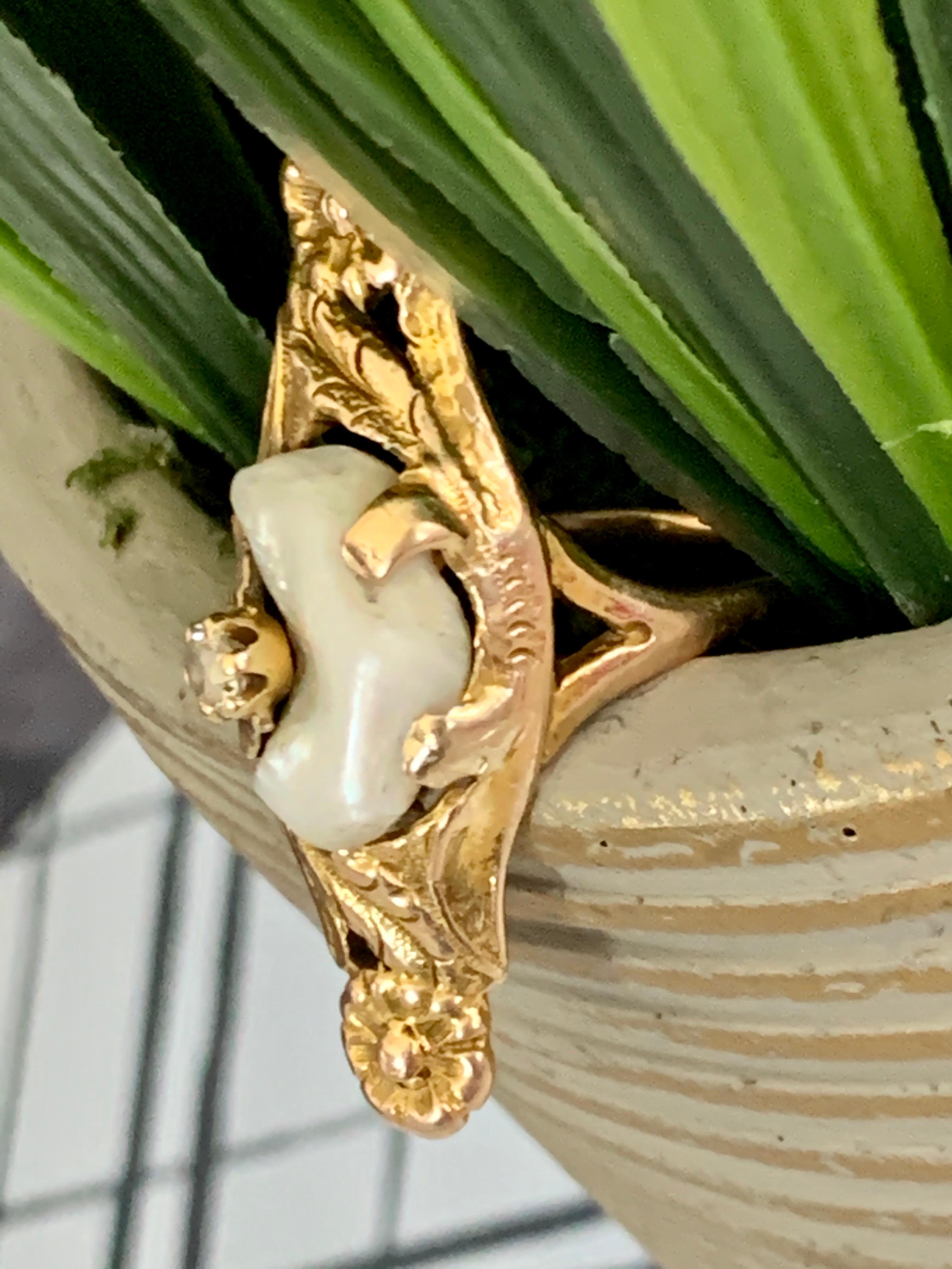 Mixed Cut Art Nouveau Mississippi River Pearl & Euro Cut Diamond 10 Karat Yellow Gold Ring