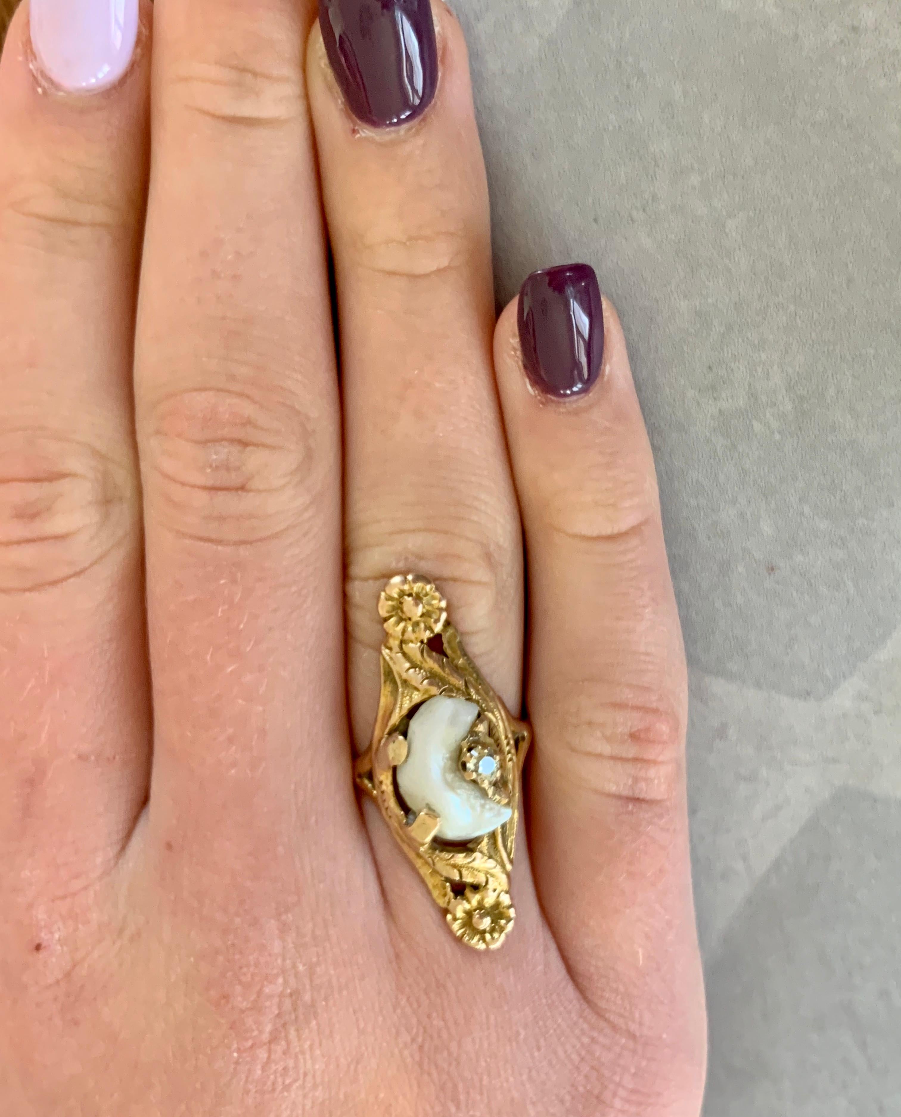 Women's Art Nouveau Mississippi River Pearl & Euro Cut Diamond 10 Karat Yellow Gold Ring
