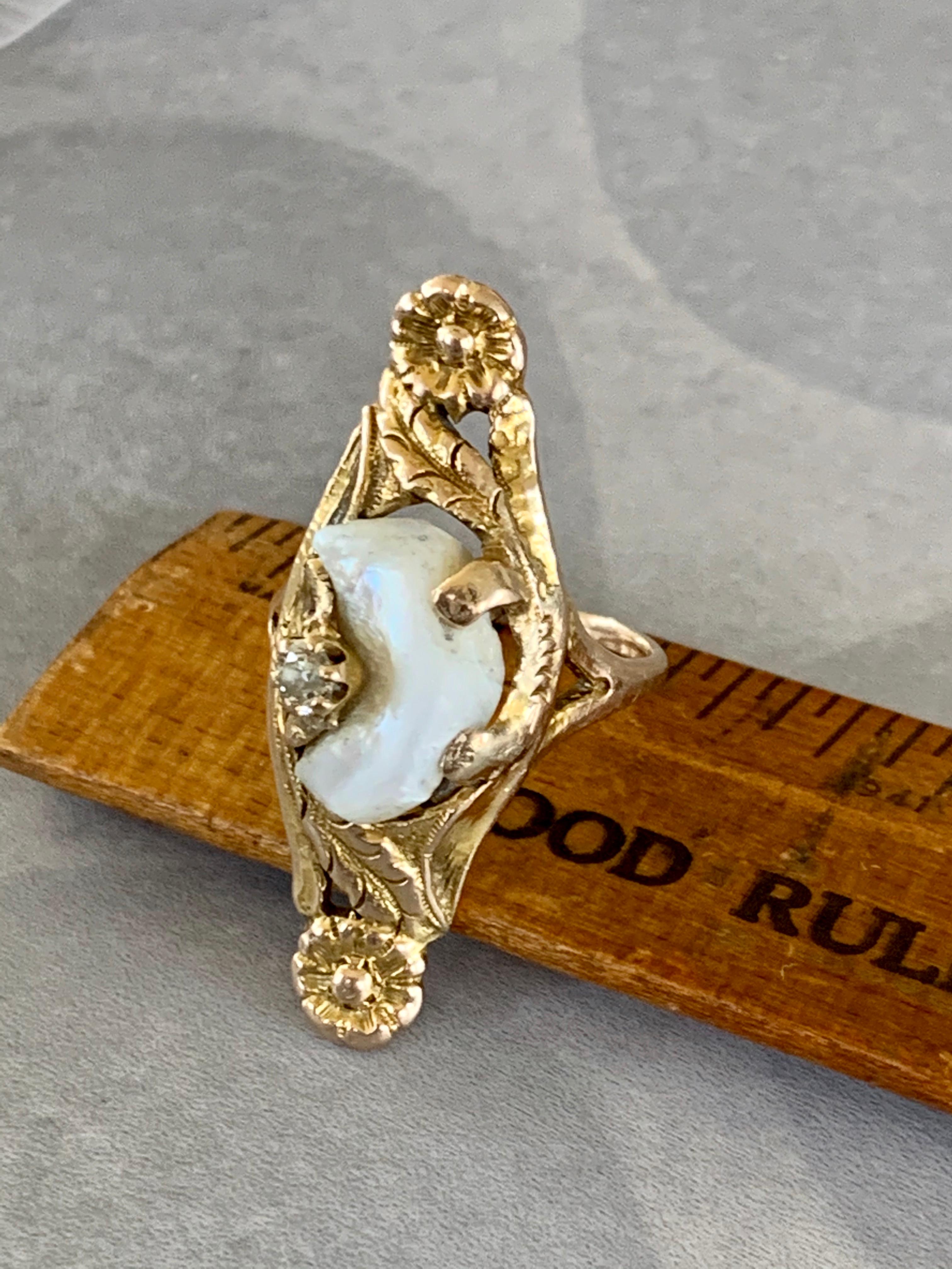 Art Nouveau Mississippi River Pearl & Euro Cut Diamond 10 Karat Yellow Gold Ring 1