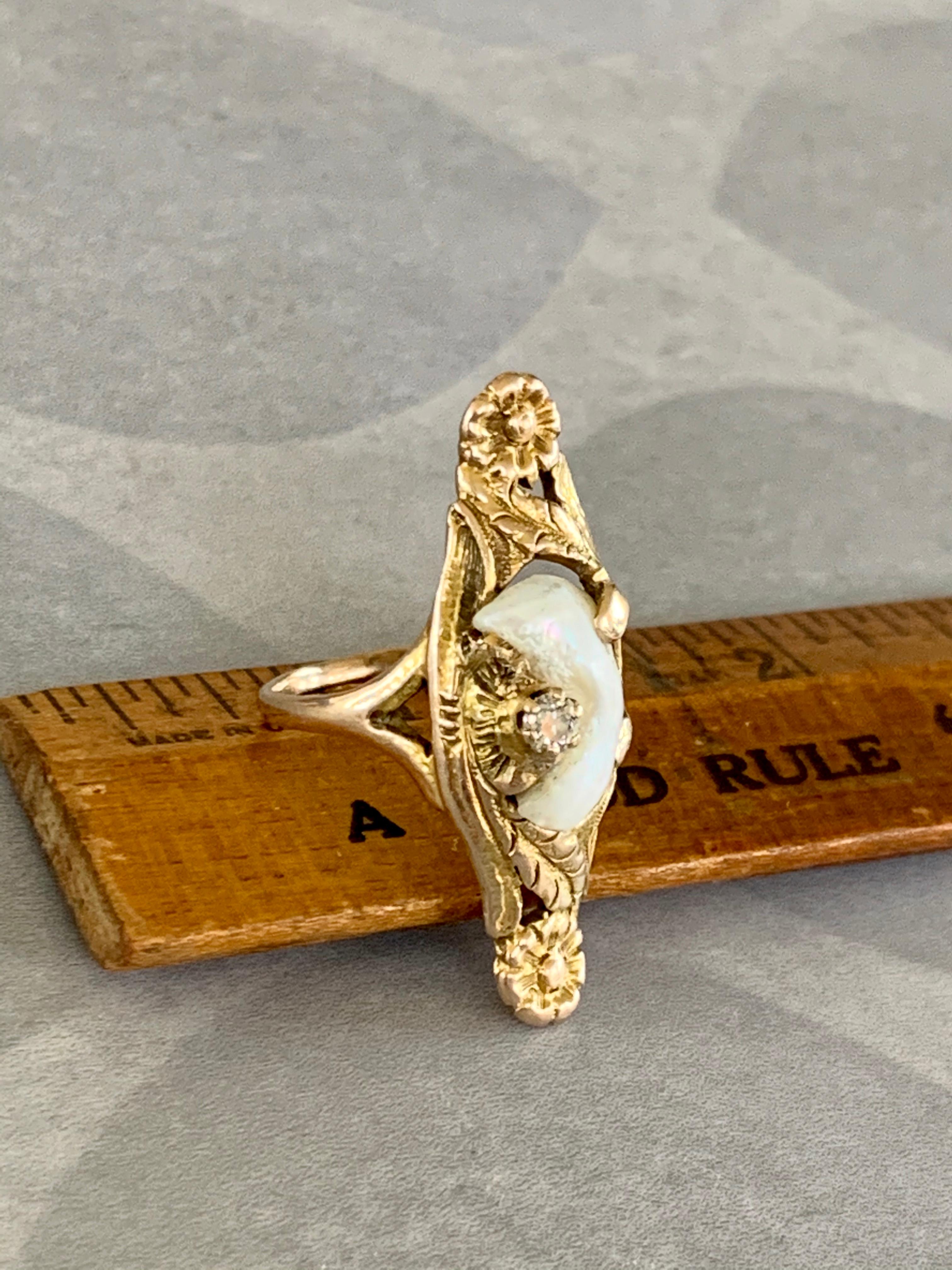 Art Nouveau Mississippi River Pearl & Euro Cut Diamond 10 Karat Yellow Gold Ring 2