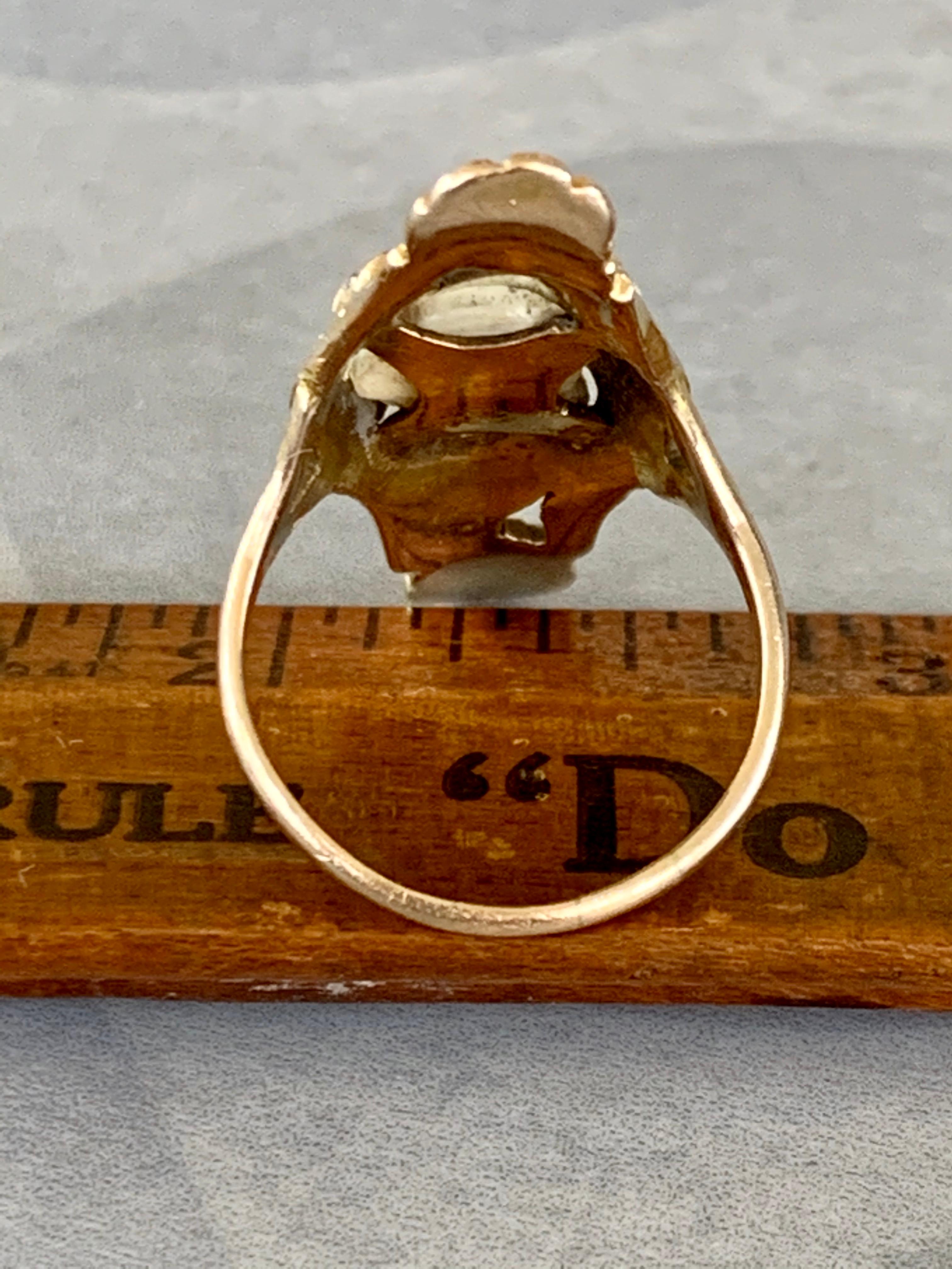 Art Nouveau Mississippi River Pearl & Euro Cut Diamond 10 Karat Yellow Gold Ring 3