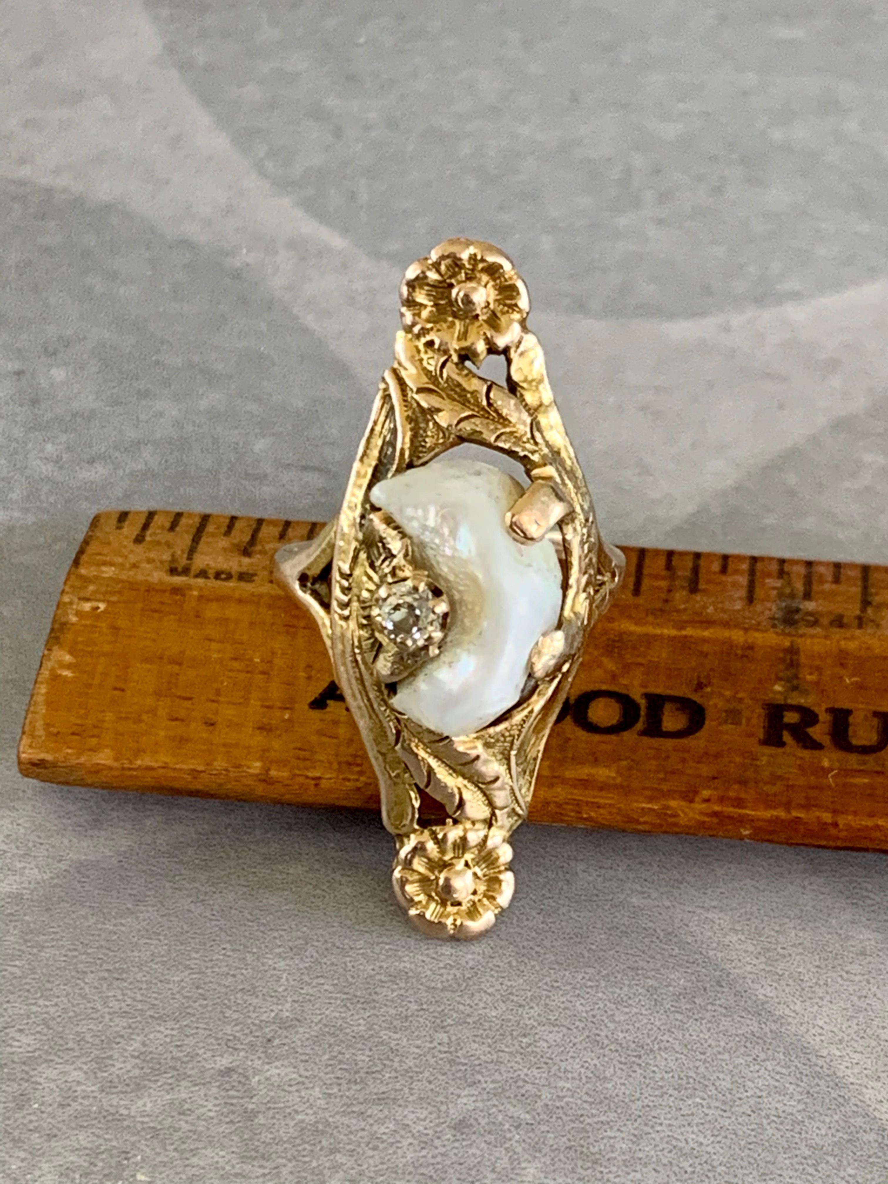 Art Nouveau Mississippi River Pearl & Euro Cut Diamond 10 Karat Yellow Gold Ring 4