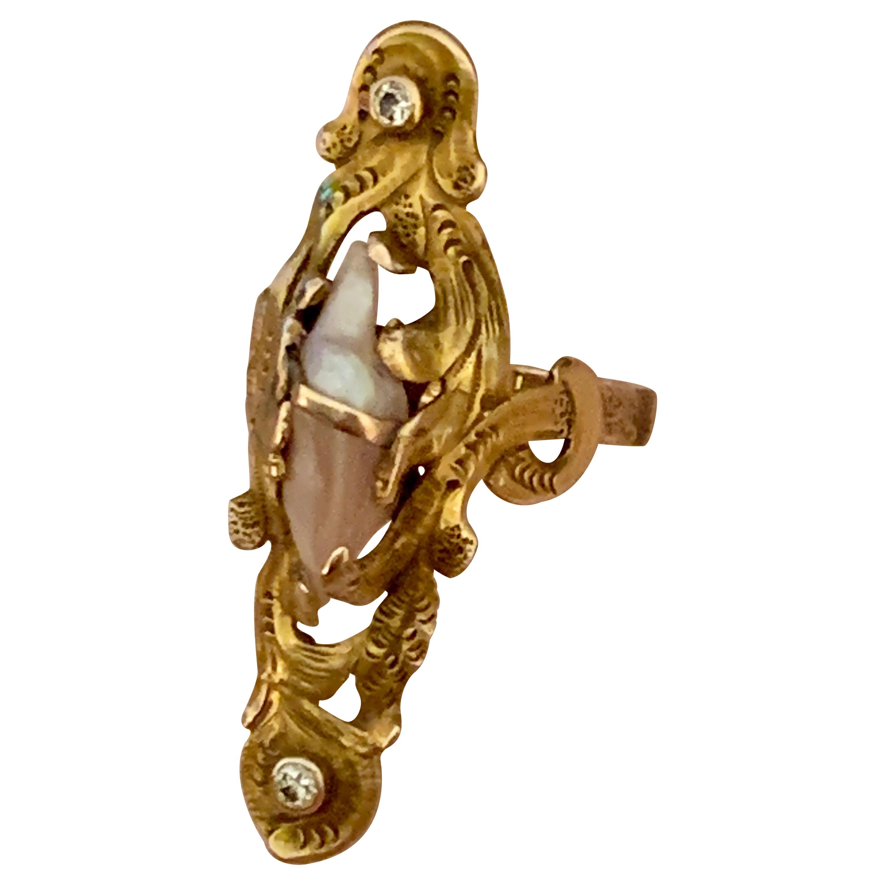 Art Nouveau Mississippi River Pearl 
Euro Cut Diamond 10 Karat Yellow Gold Ring For Sale