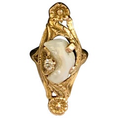 Art Nouveau Mississippi River Pearl & Euro Cut Diamond 10 Karat Yellow Gold Ring