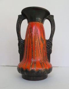 Art Nouveau Modern Czechoslovakian Red & Black Ceramic Vase with Handles, 1930s