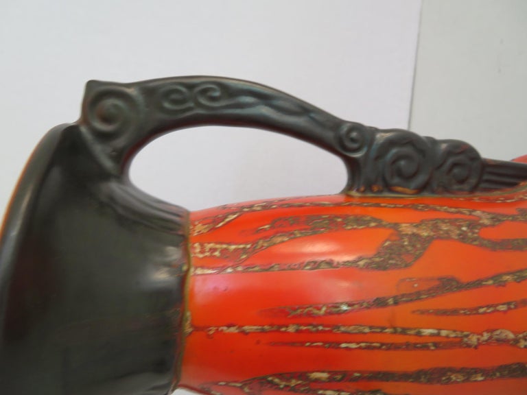 Mid-20th Century Art Nouveau Modern Czechoslovakian Red & Black Ceramic Vase with Handles, 1930s For Sale