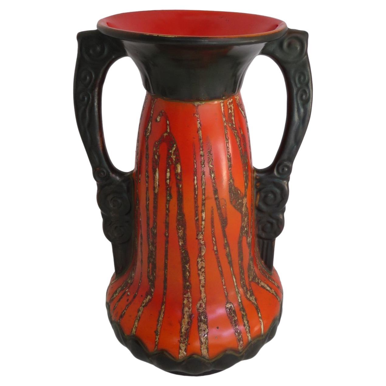 Art Nouveau Modern Czechoslovakian Red & Black Ceramic Vase with Handles, 1930s